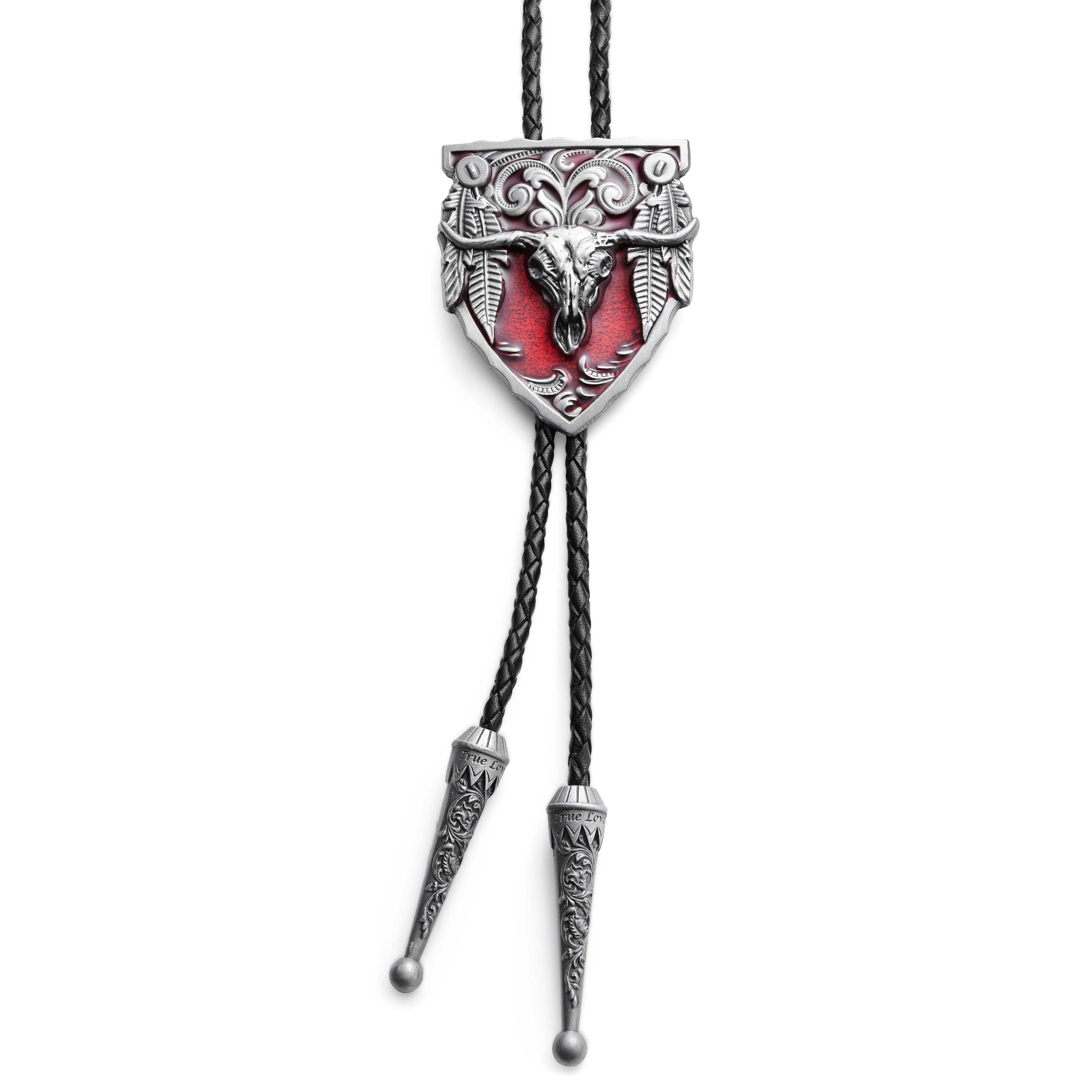 Red & Metal Longhorn Adjustable Braided Leather Bolo Tie