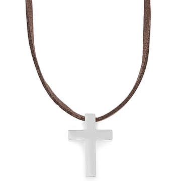 Kožený náhrdelník s křížkem ve stříbrné barvě 