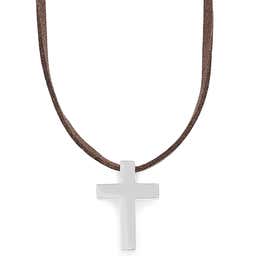 Iconic | Brown Leather With Silver-Tone Stainless Steel Cross Necklace