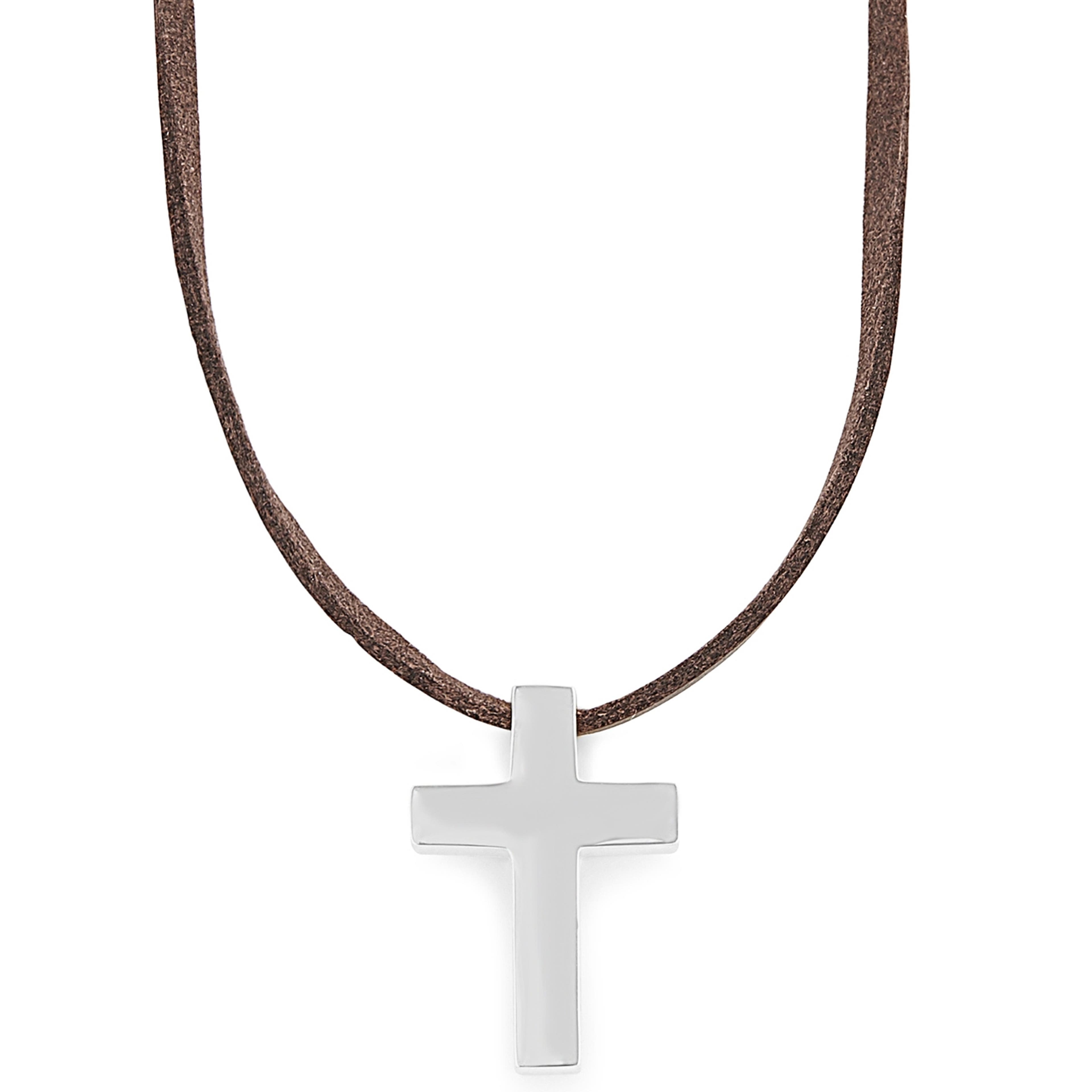 Skórzany naszyjnik z krzyżem w srebrnym tonie