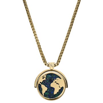 Atlas | Guldfärgat Halsband i Rostfritt Stål med Roterande Hängsmycke Världskarta i Azurmalakit