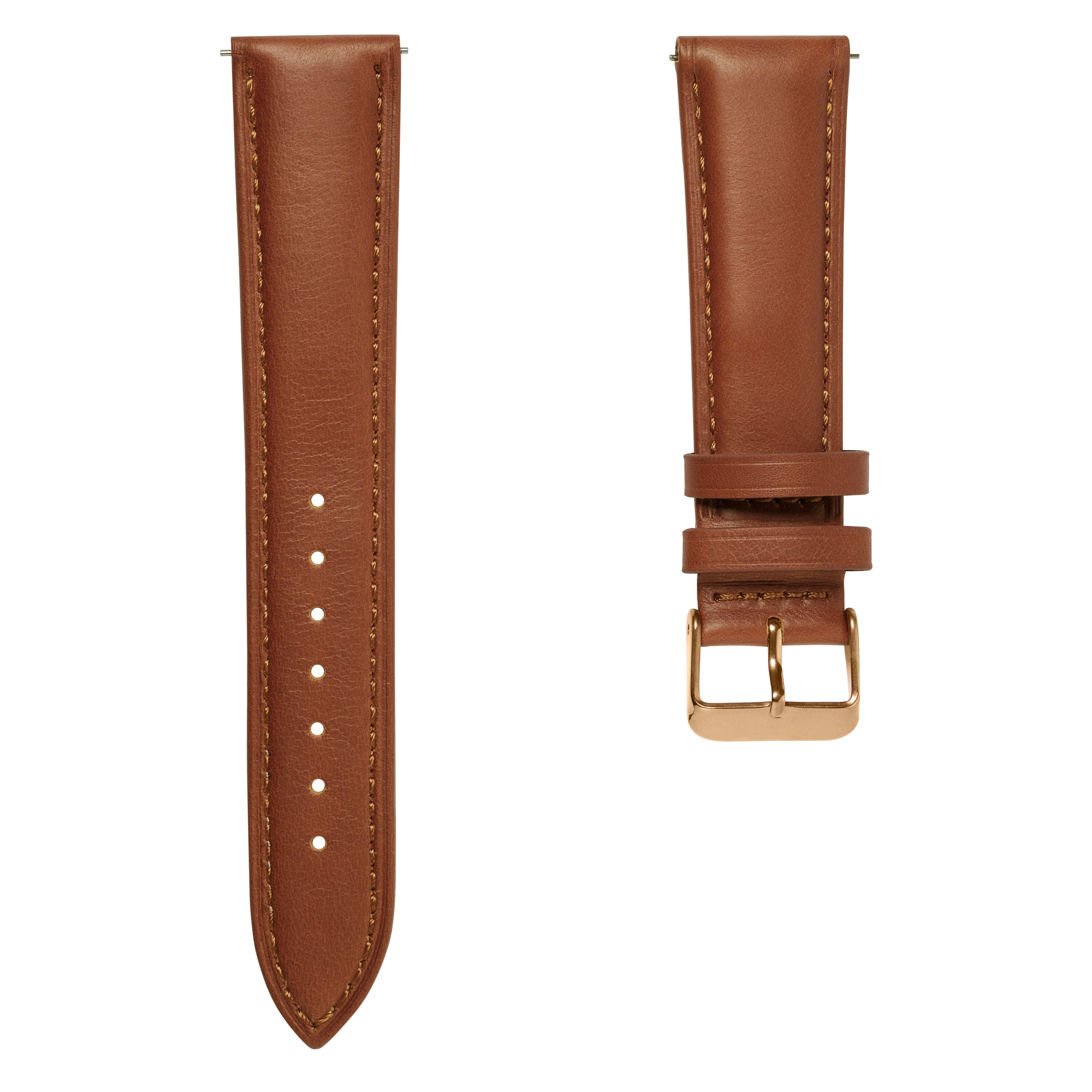 Bracelet de montre en cuir brun havane de 21 mm avec boucle rose gold - Système de fixation rapide