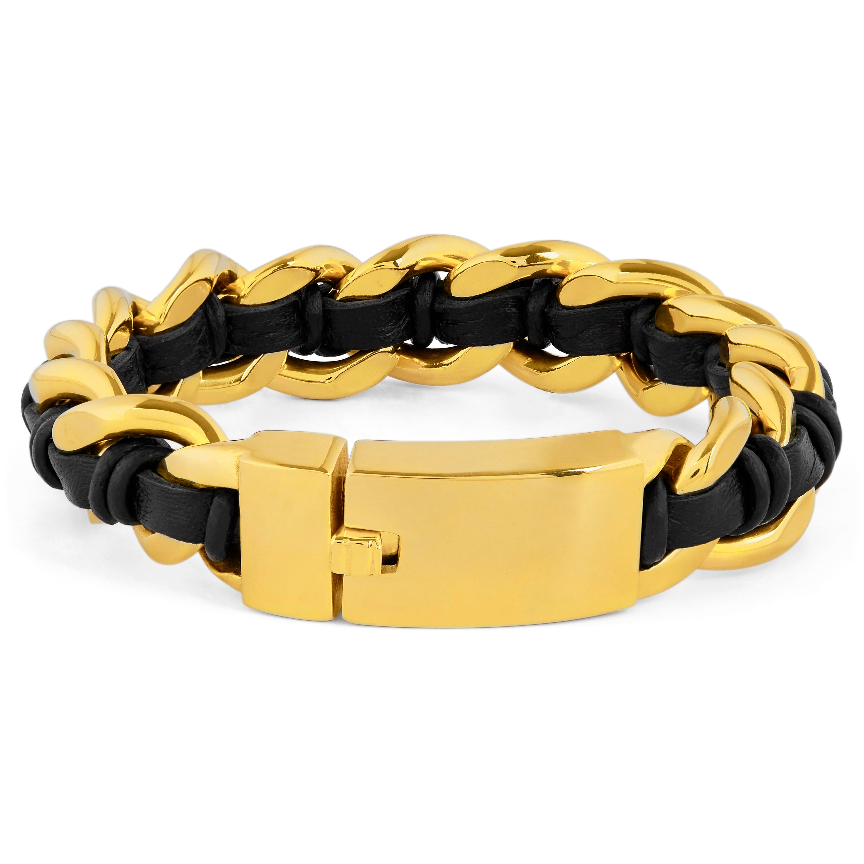 Robuuste Goudkleurige Stalen & Zwarte Leren Armband - 2