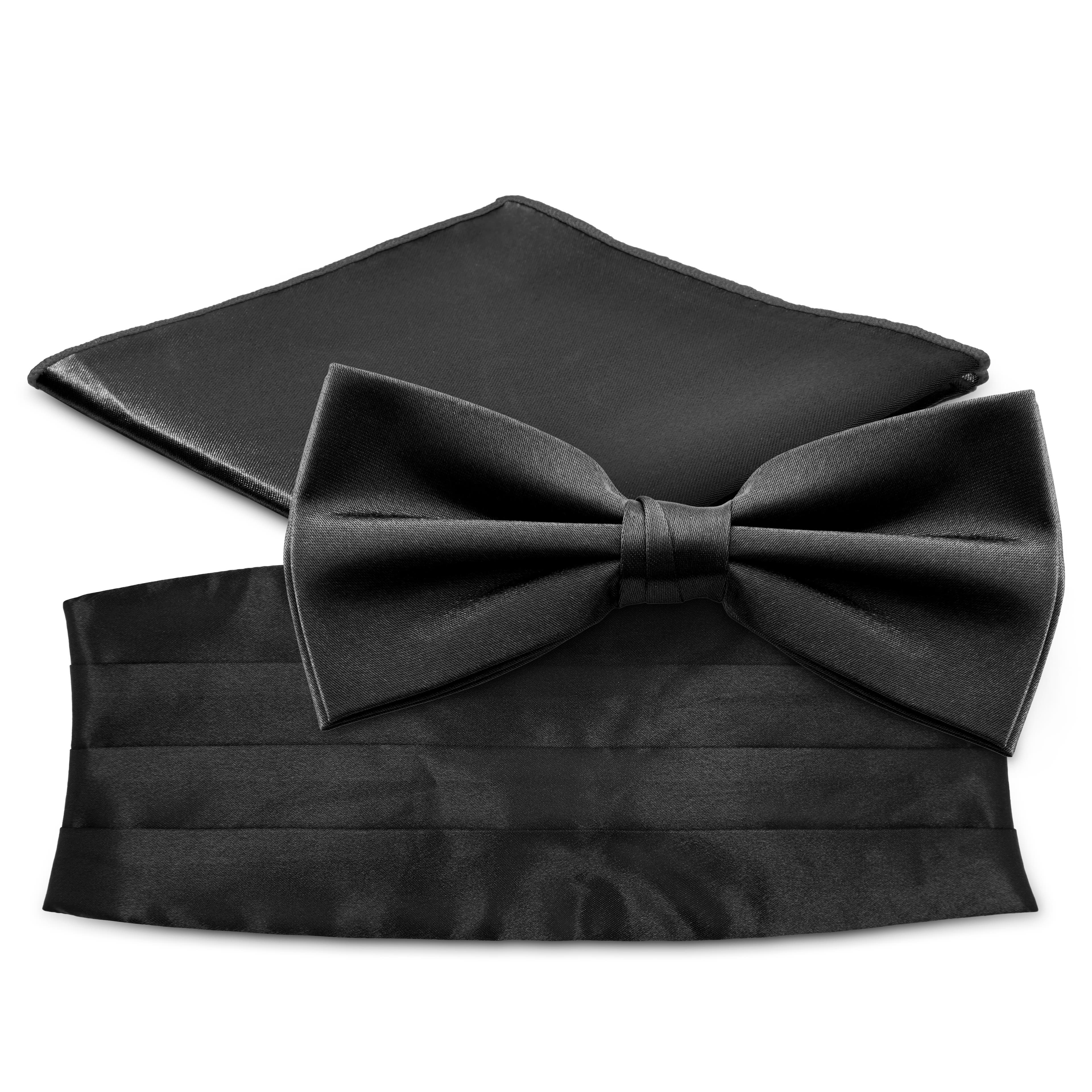 Черен комплект от предварително завързана папийонка, кърпичка за сако и пояс