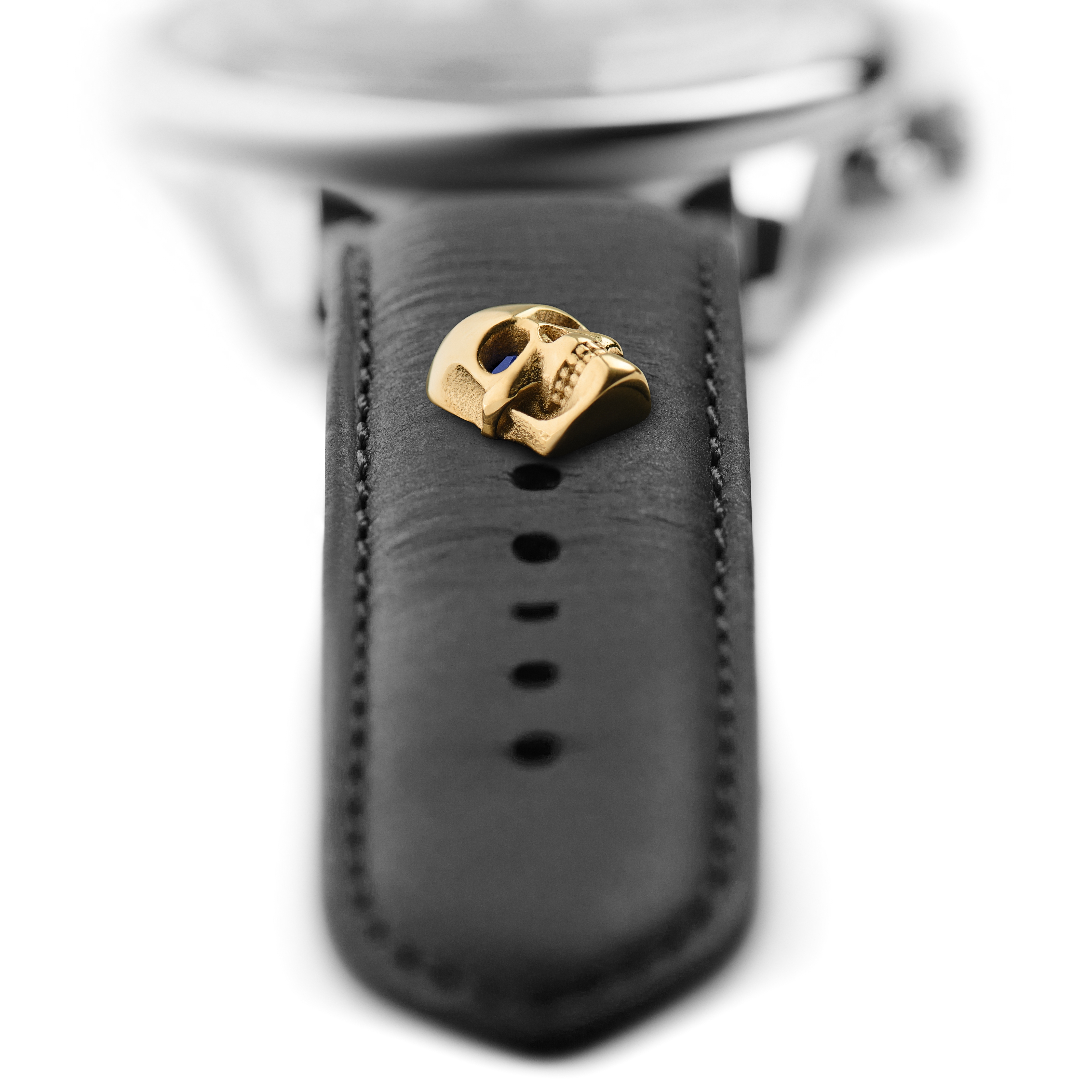 Goldfarbener Edelstahl und blauer Zirkonia Totenkopf Uhrenanhänger - 3