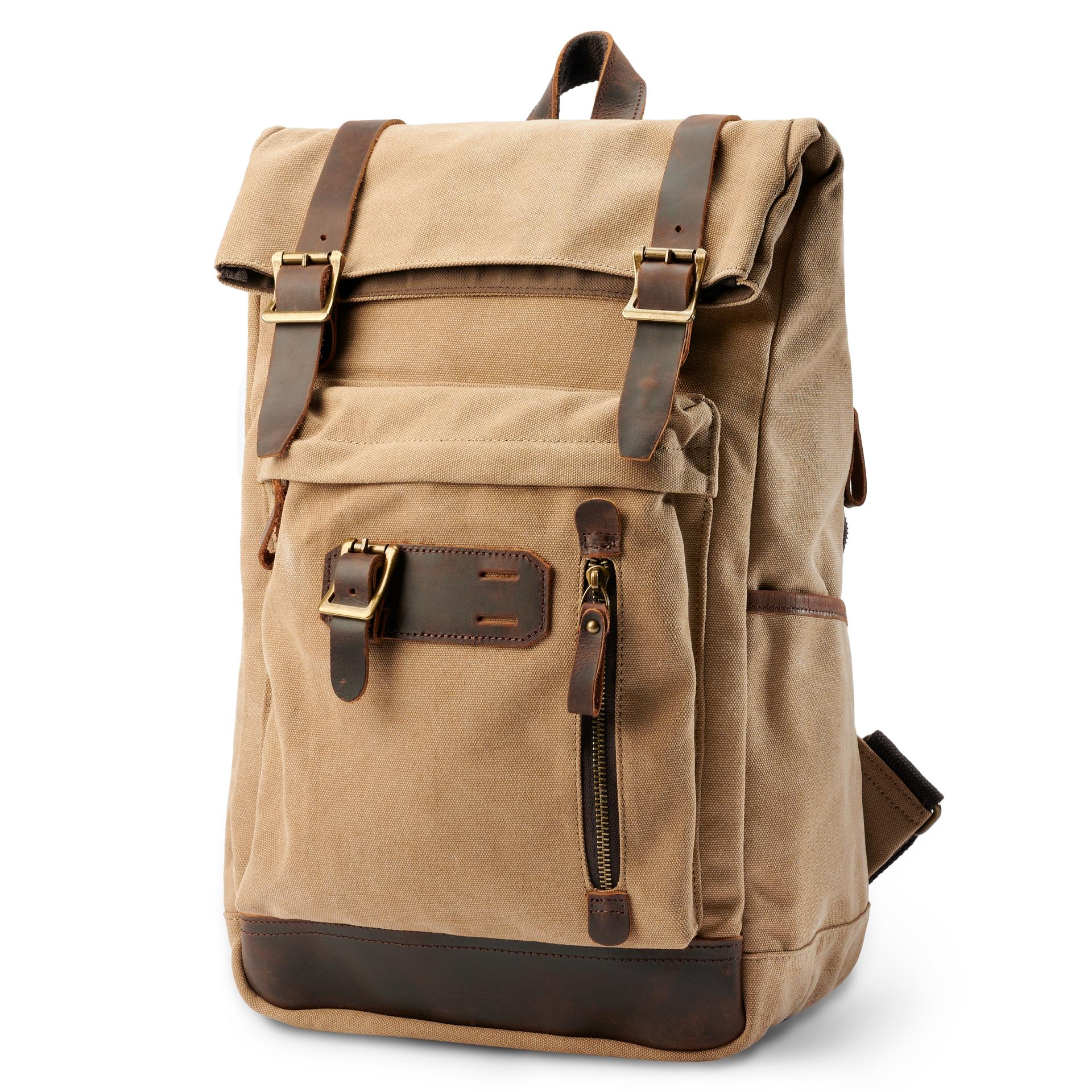 Robuster Rucksack aus hellbraunem Canvas und Leder im Vintage-Stil ...