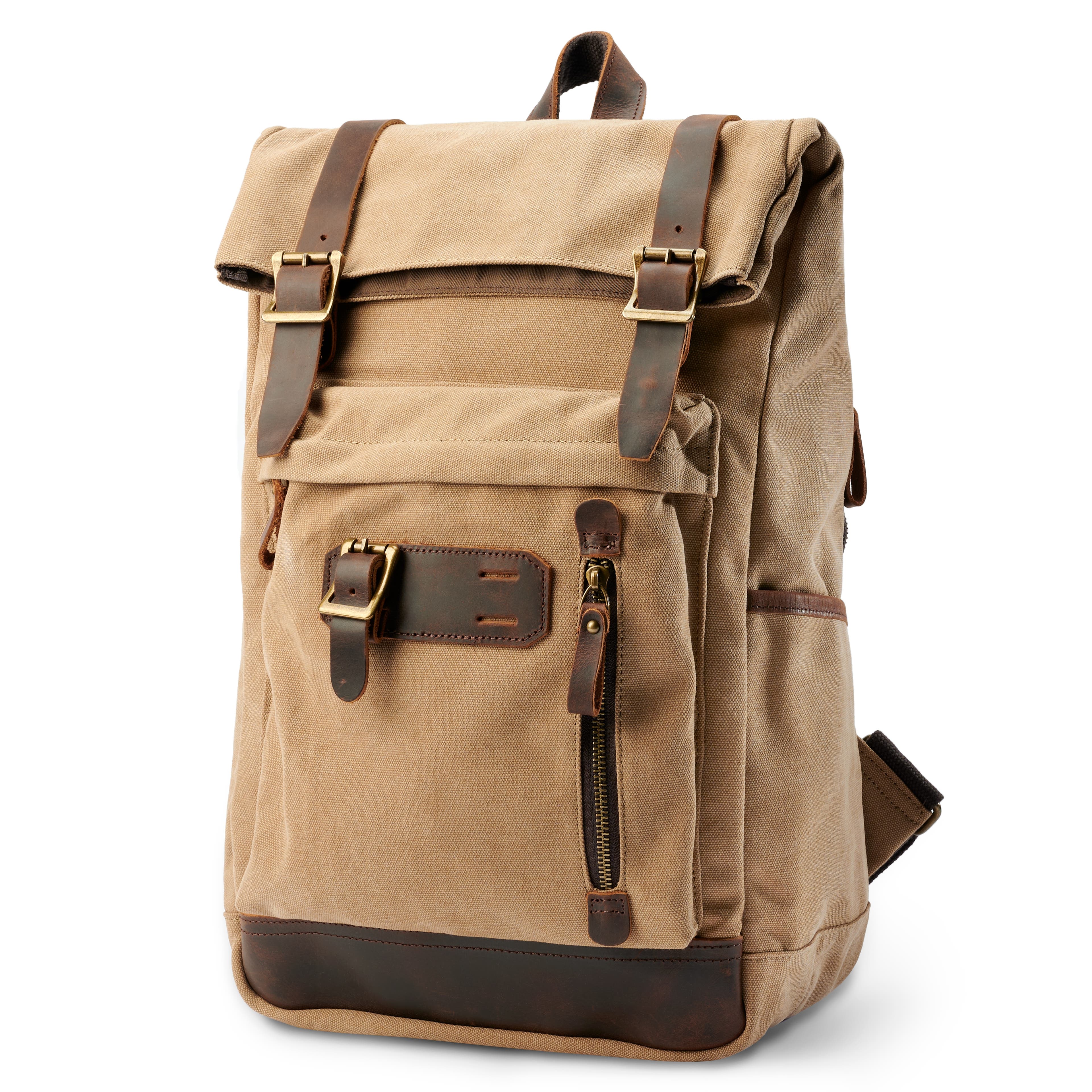 Rugged Vintage-Style Tan Canvas & Leather Backpack