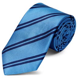 Gravata em Seda Azul com Risca Dupla Azul Escura de 8 cm