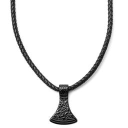 Černý kožený náhrdelník Thorova sekera s runami