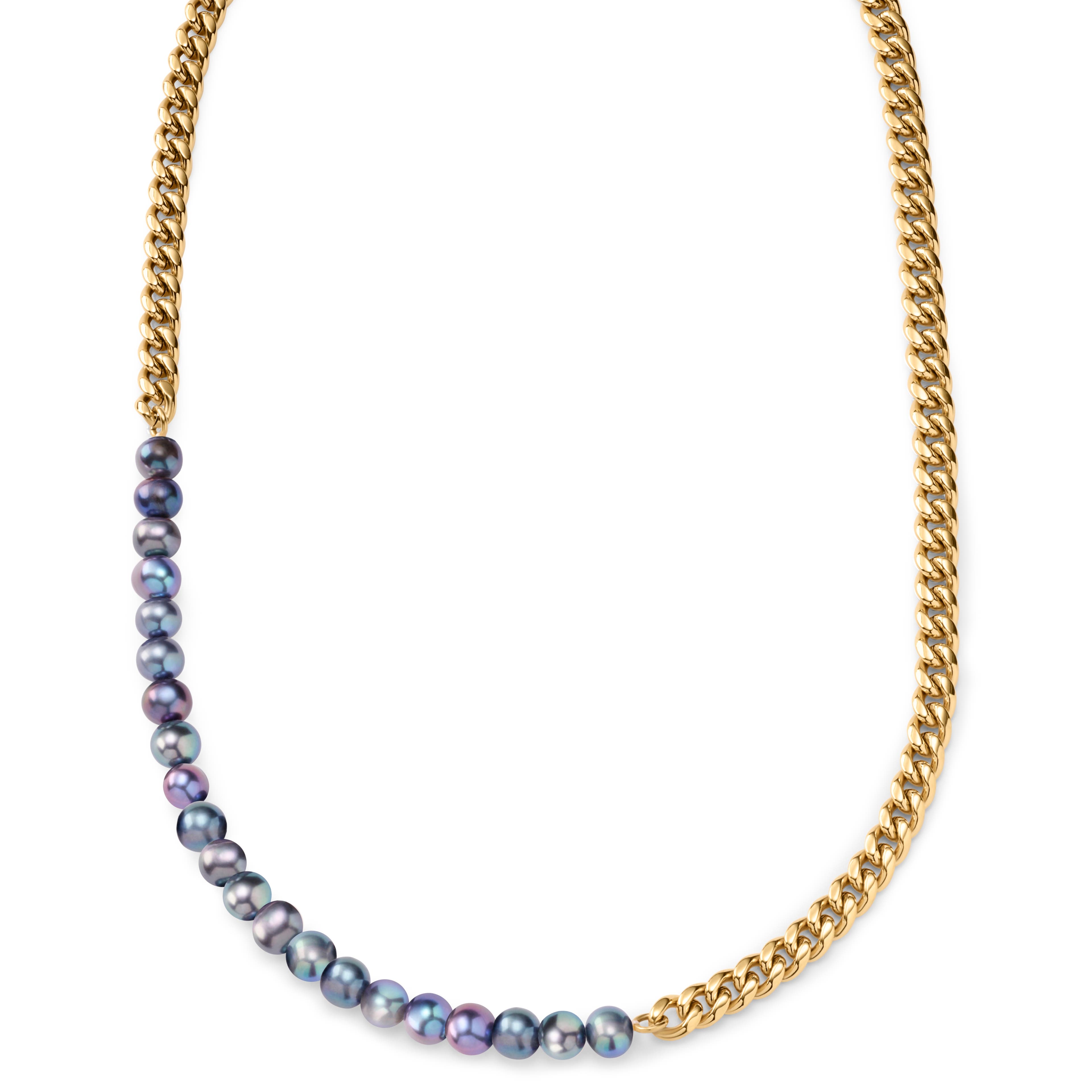 Ocata | Gold-Tone Curb Chain & Black Pearl Necklace