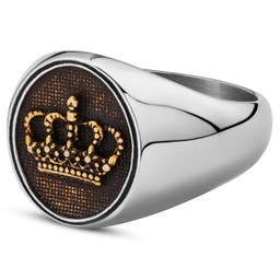 Vasilios | Silver-Tone Stainless Steel With Gold-Tone Crown Signet Ring
