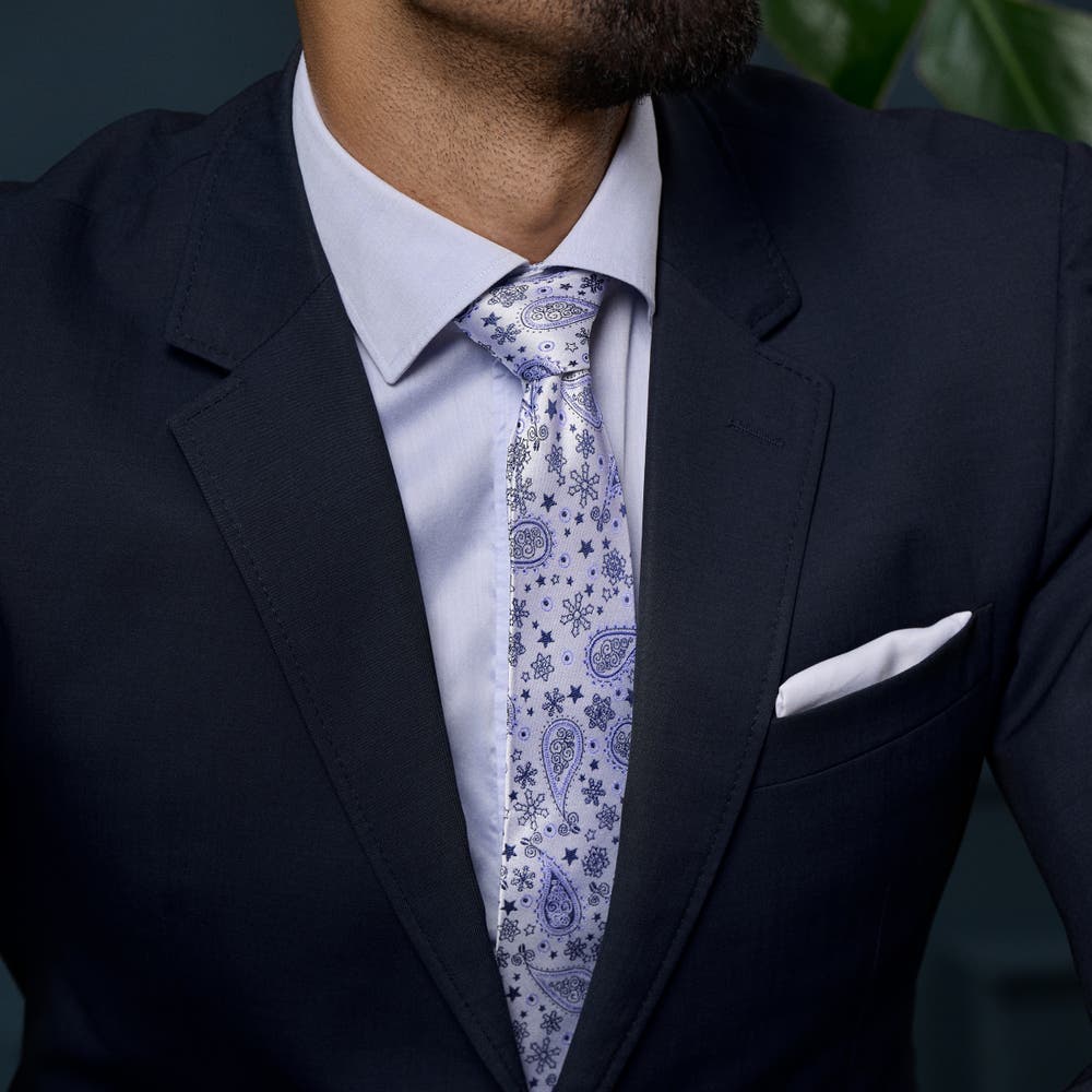 hover: White & Blue Paisley Pattern Silk Necktie | 6 cm hover: White & Blue Paisley Pattern Silk Necktie | 6 cm