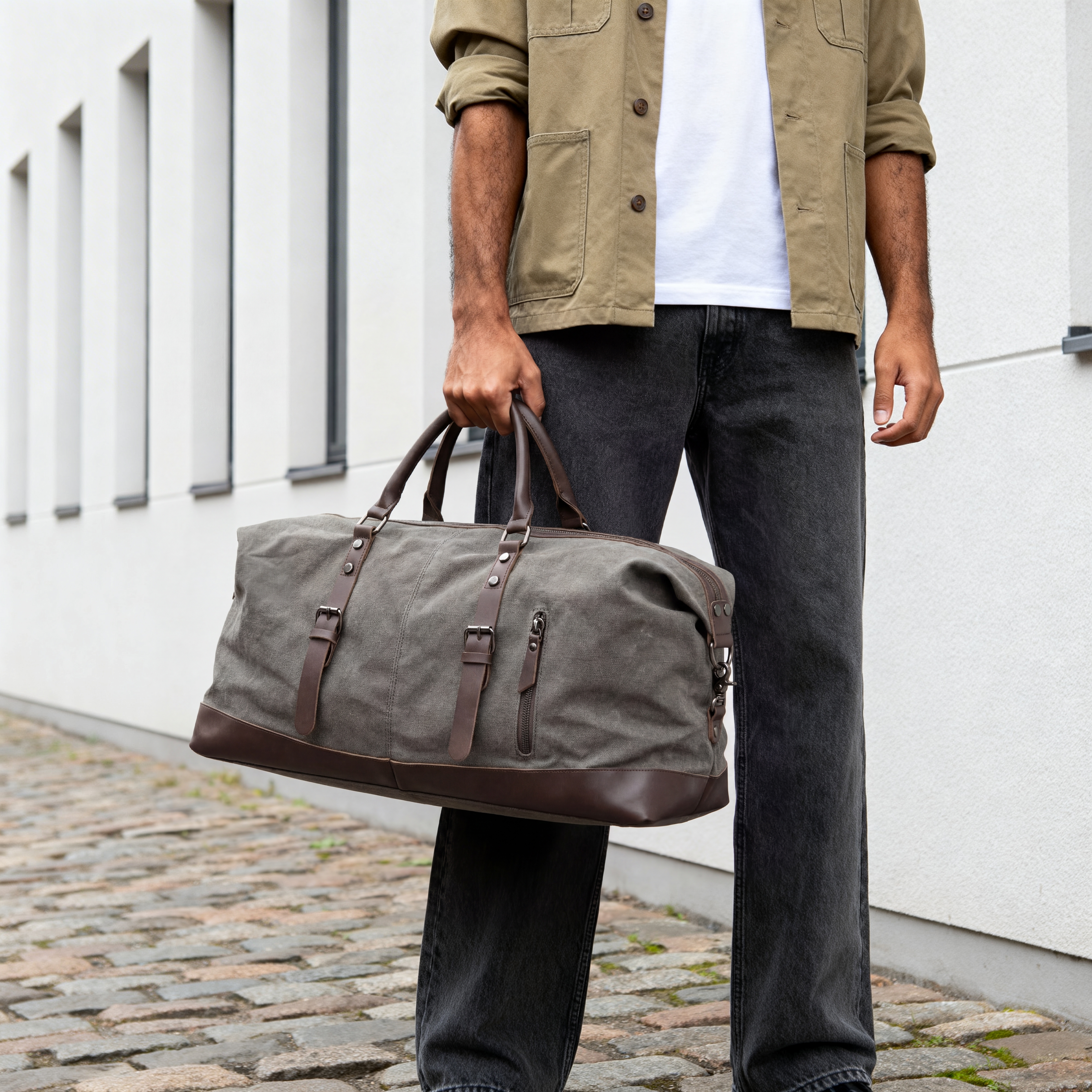 Metallic Grey Canvas & Brown Leather Duffel Bag - 3