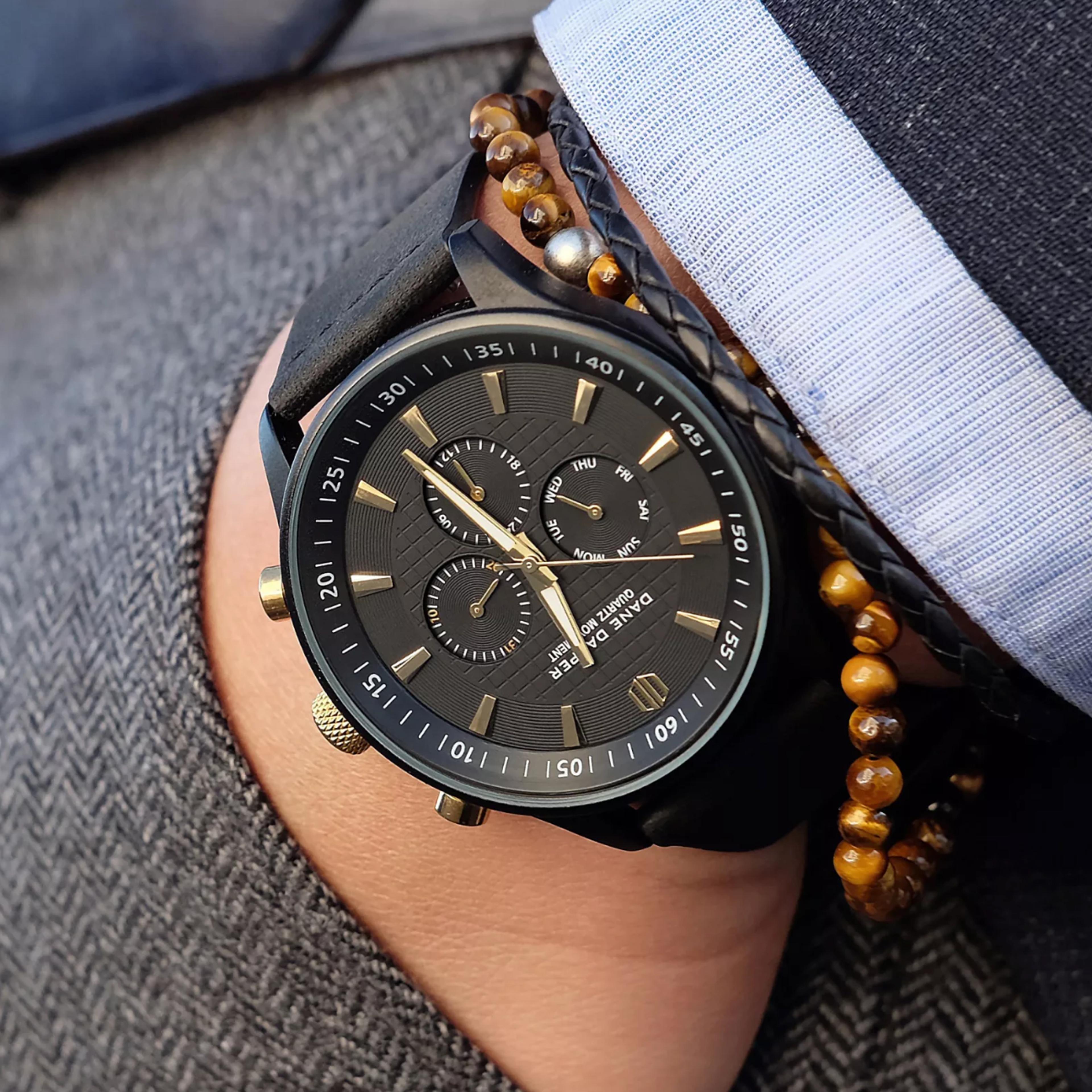 Hodinky Black & Gold Troika, náramek z dřevěných korálků, koženkové pouzdro na hodinky - 6 hodinky - 1