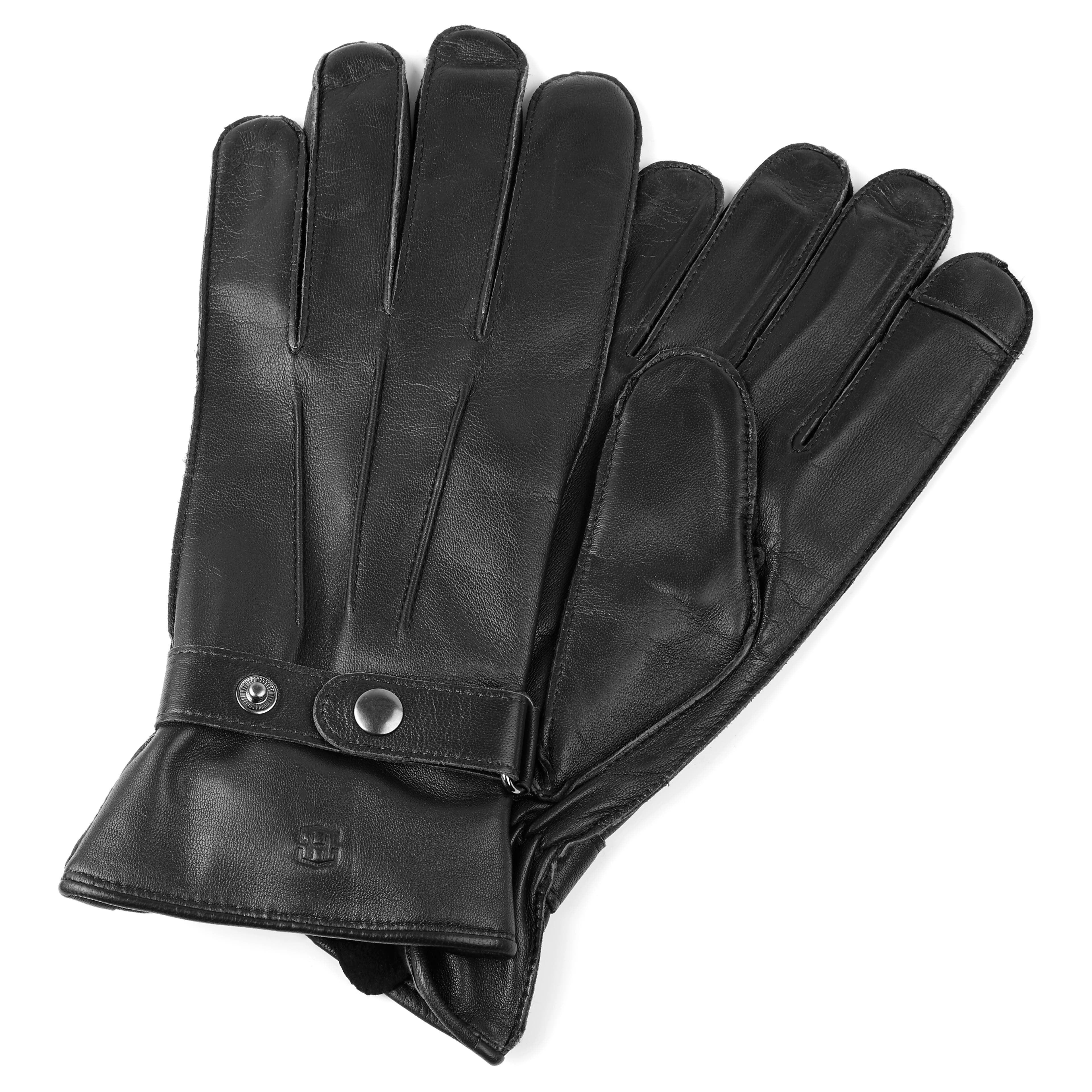 Czarne zapinane rękawiczki z owczej skóry do ekranu dotykowego