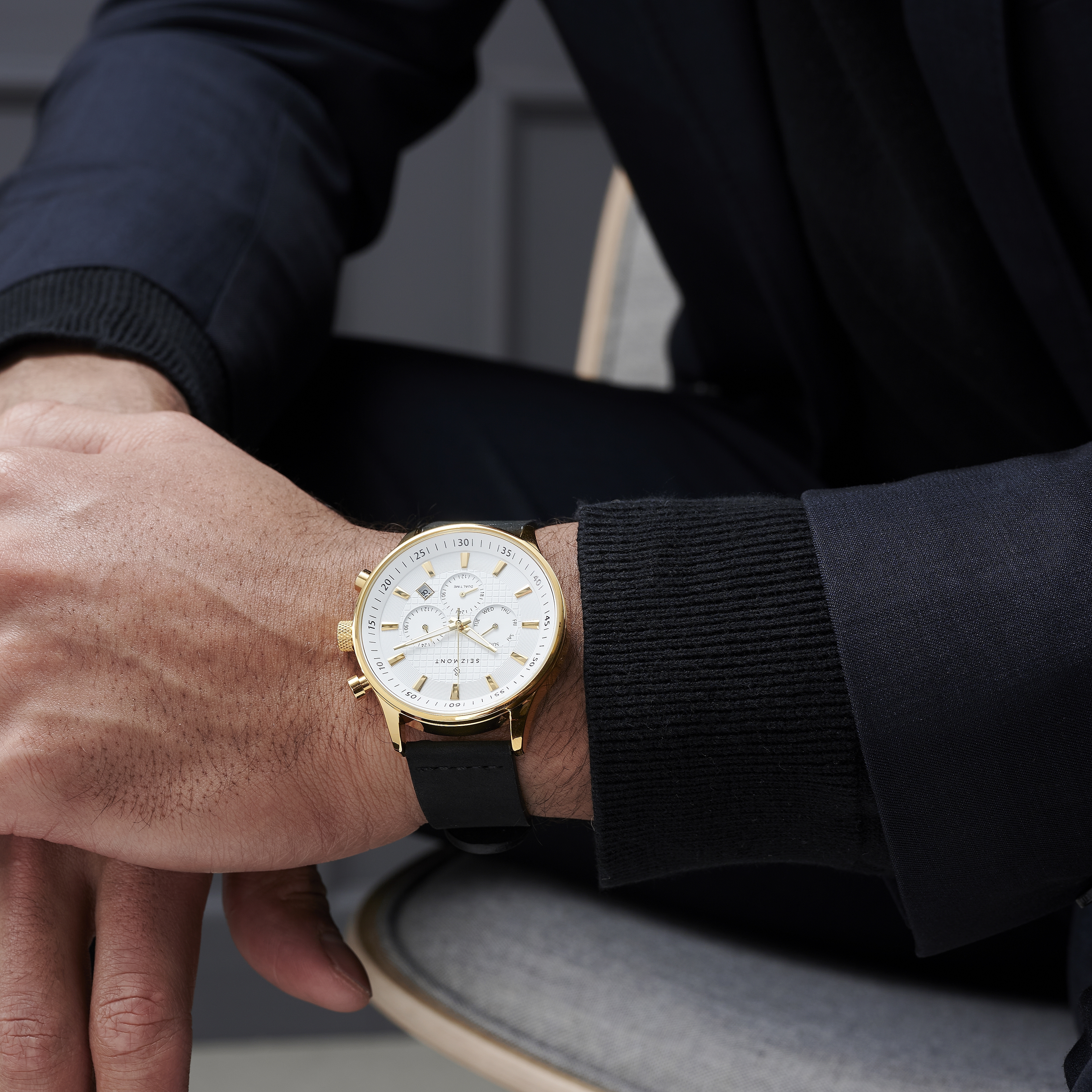 Troika | Gold-Tone Dual-Time Watch With White Dial & Black Leather Strap - 5