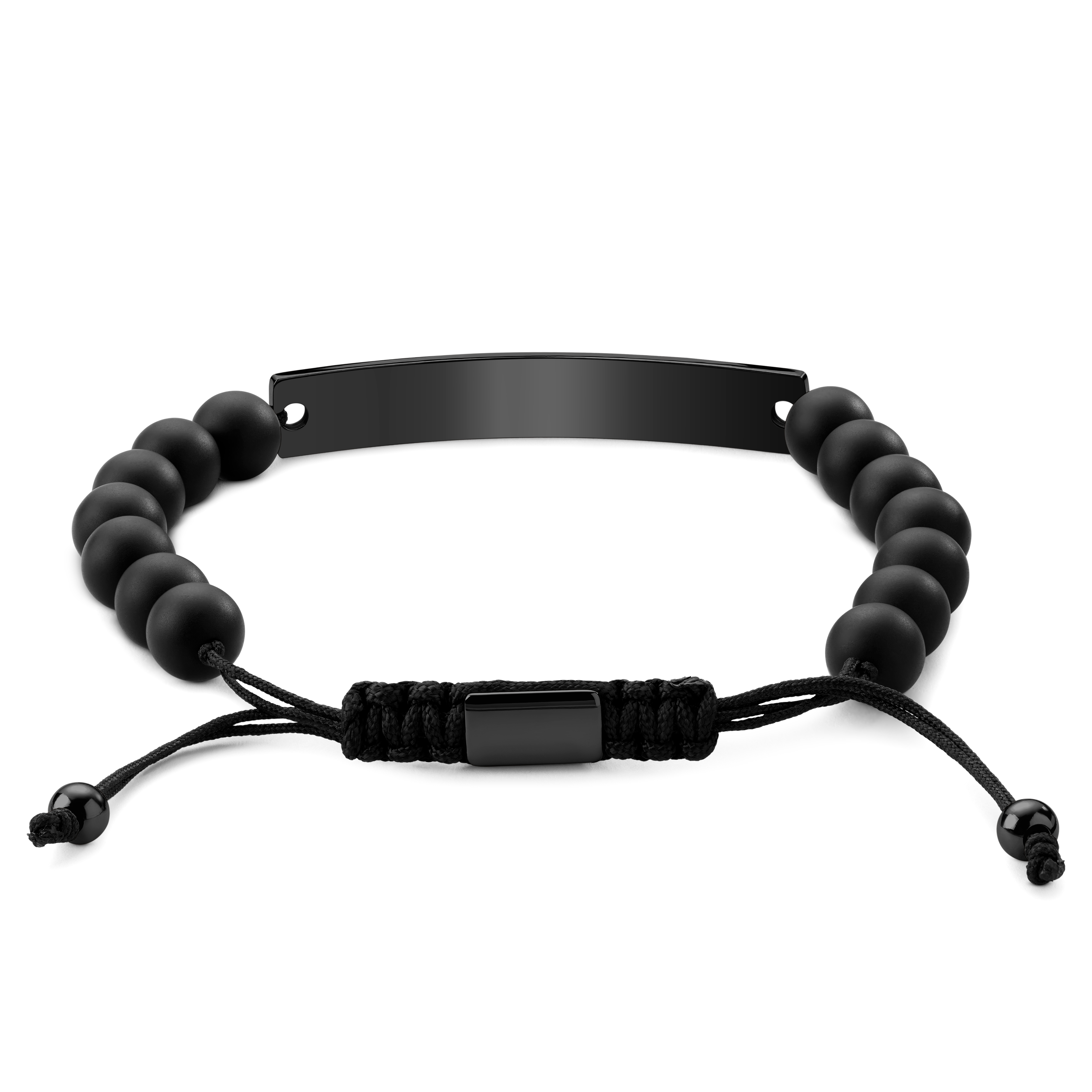  Adjustable-Length Onyx Bead Bracelet with Black Stainless Steel Plate - 2