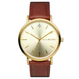 Moment | Gold-Tone Minimalist Dress Watch With Gold-Tone Dial & Rust Leather Strap