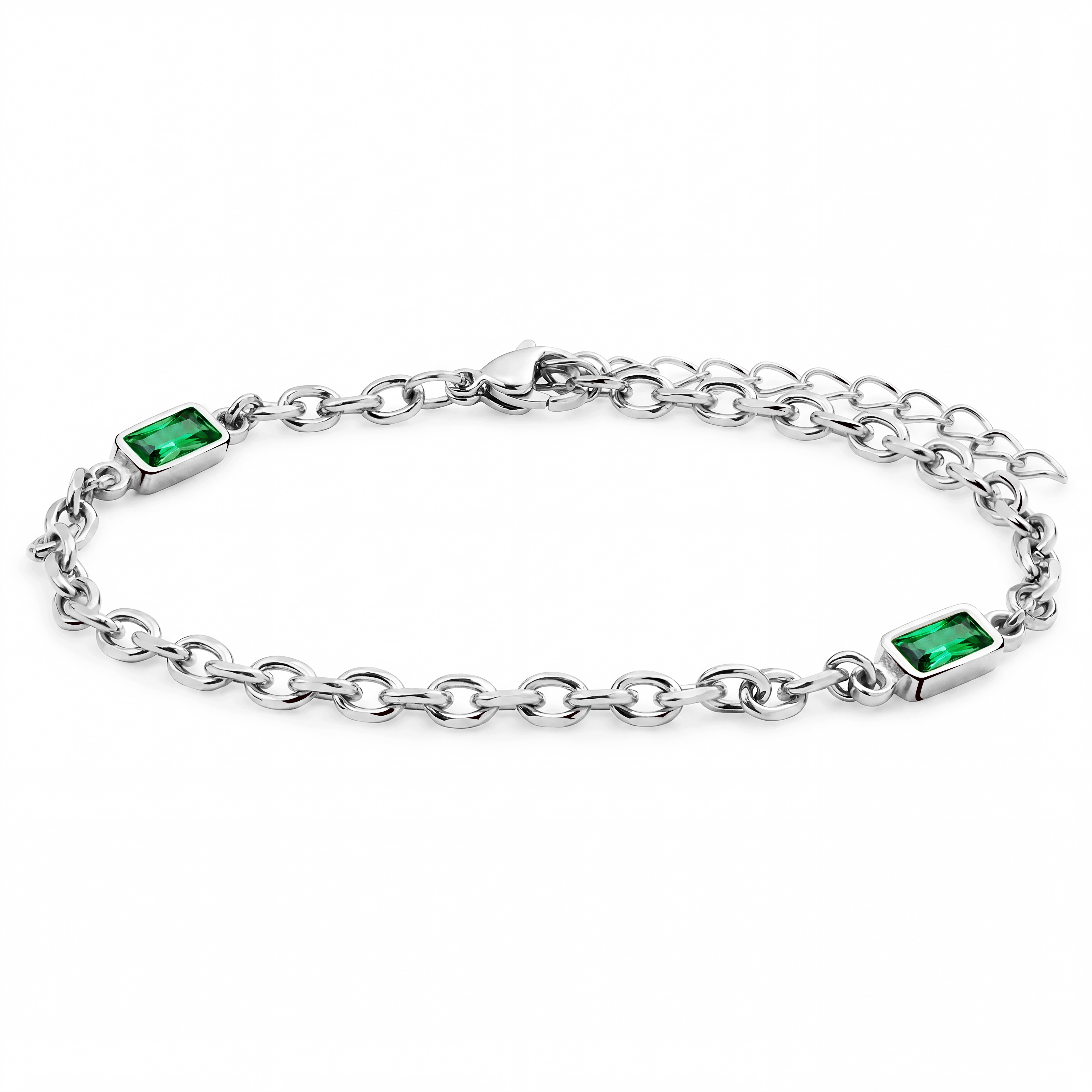 Prism | Pulsera de eslabón doble plateada con piedras de cristal verdes