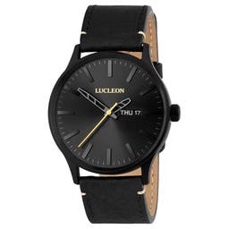 Grover | Black & Pale Yellow Day-Date Watch With Black Dial & Black Leather Strap