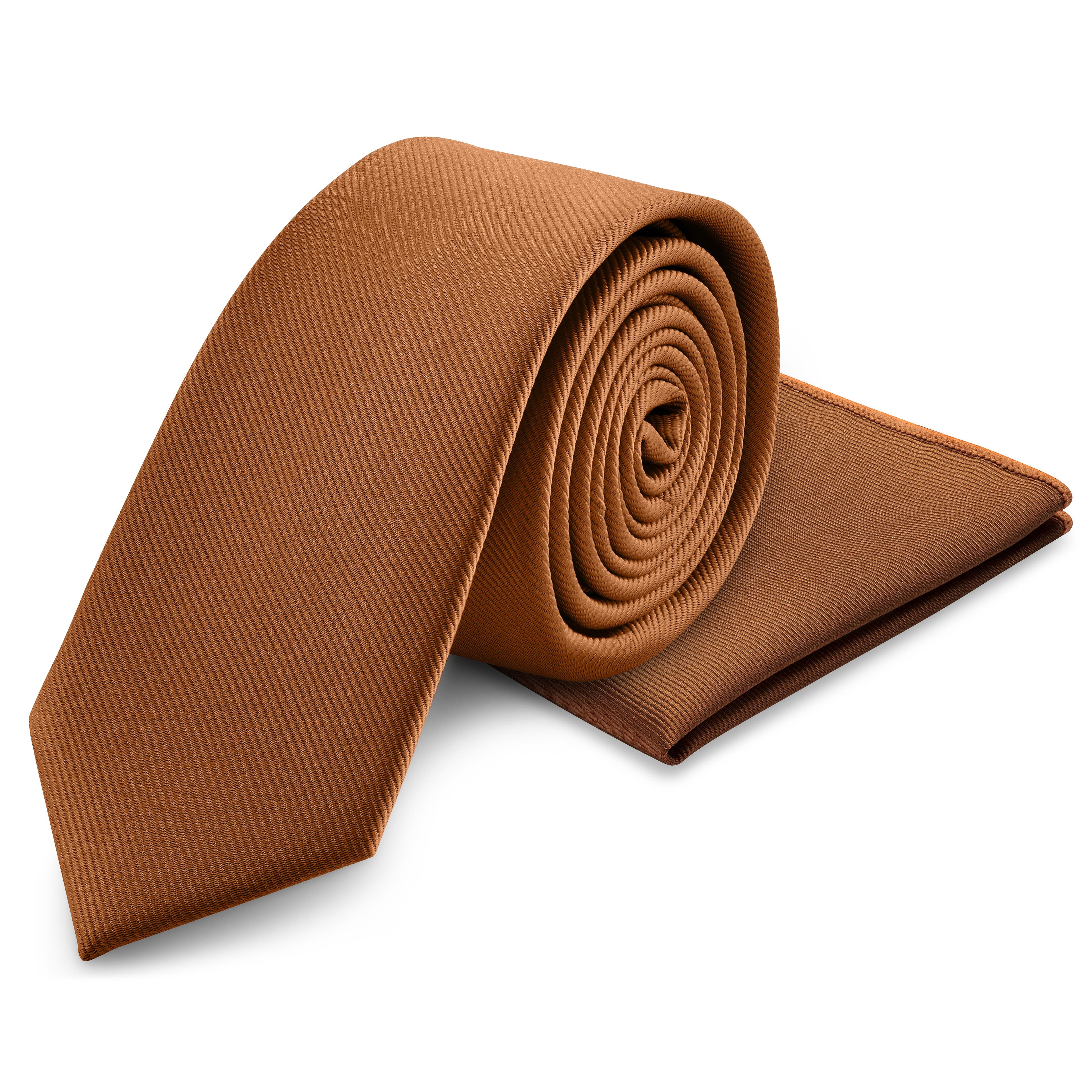 Комплект вратовръзка и кърпичка за сако в цвят коняк