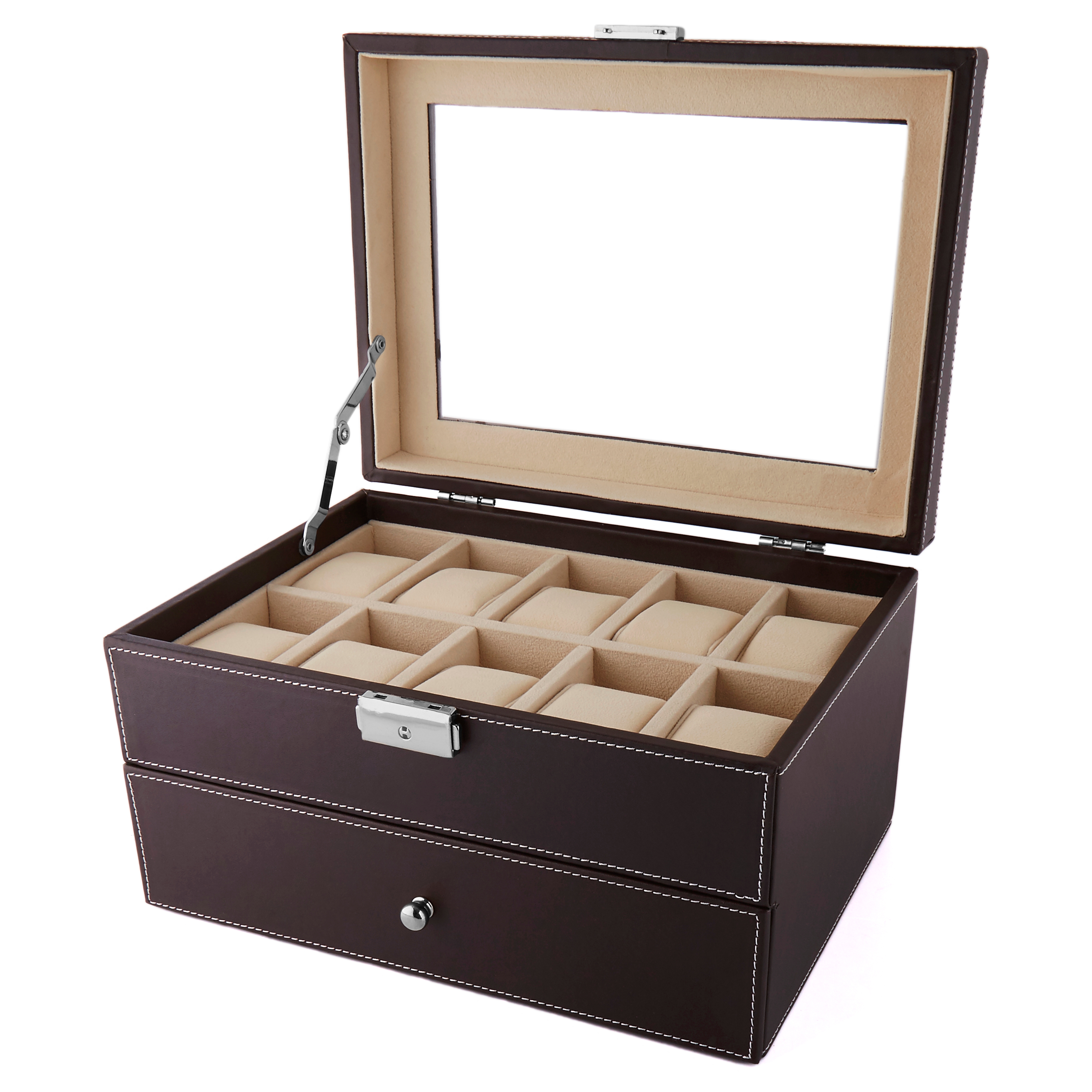 Brun Konstläder Klocklåda i Två Våningar - 20 klockor - 2