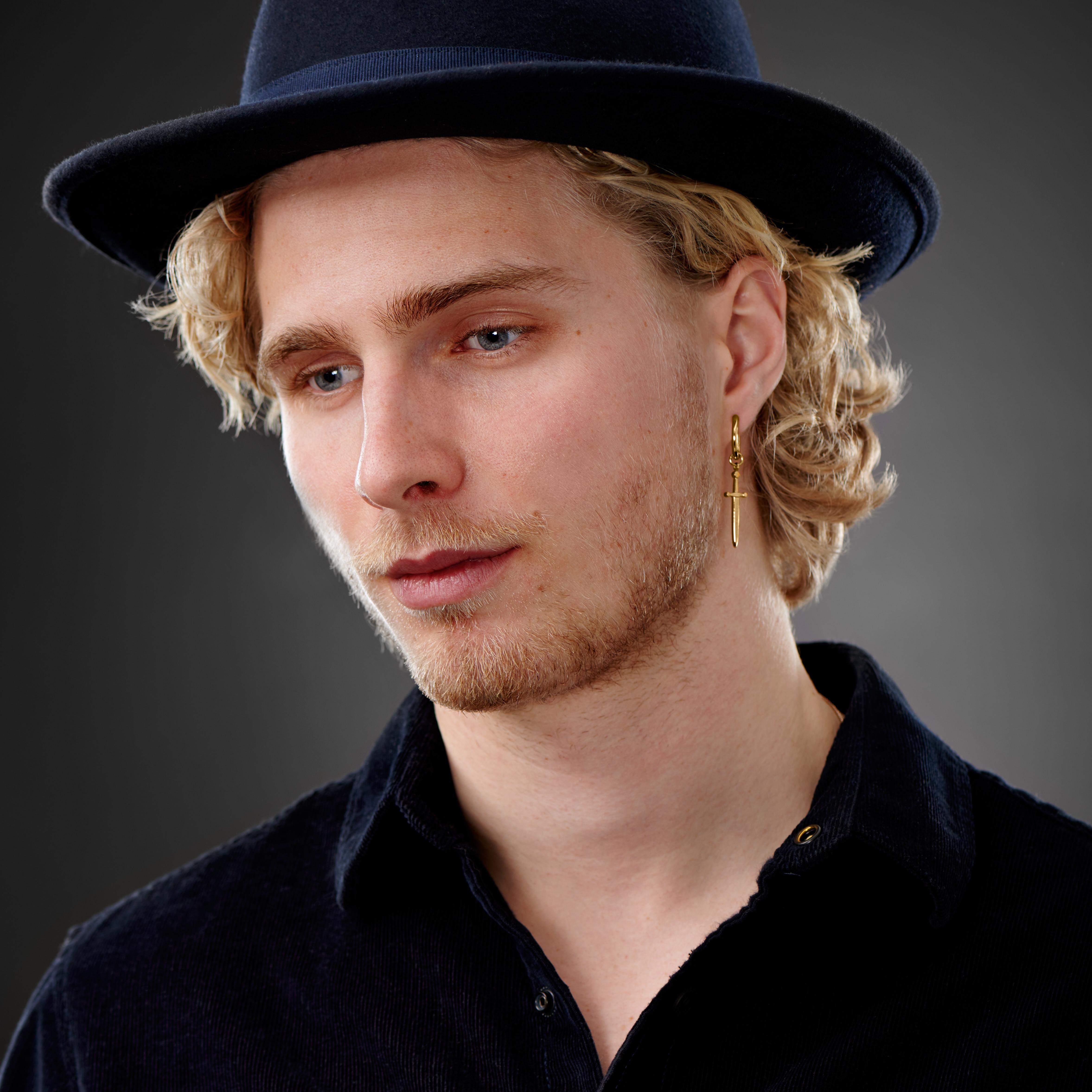 Gold-Tone Steel Drop Hoop Earring with Sword Charm - 3