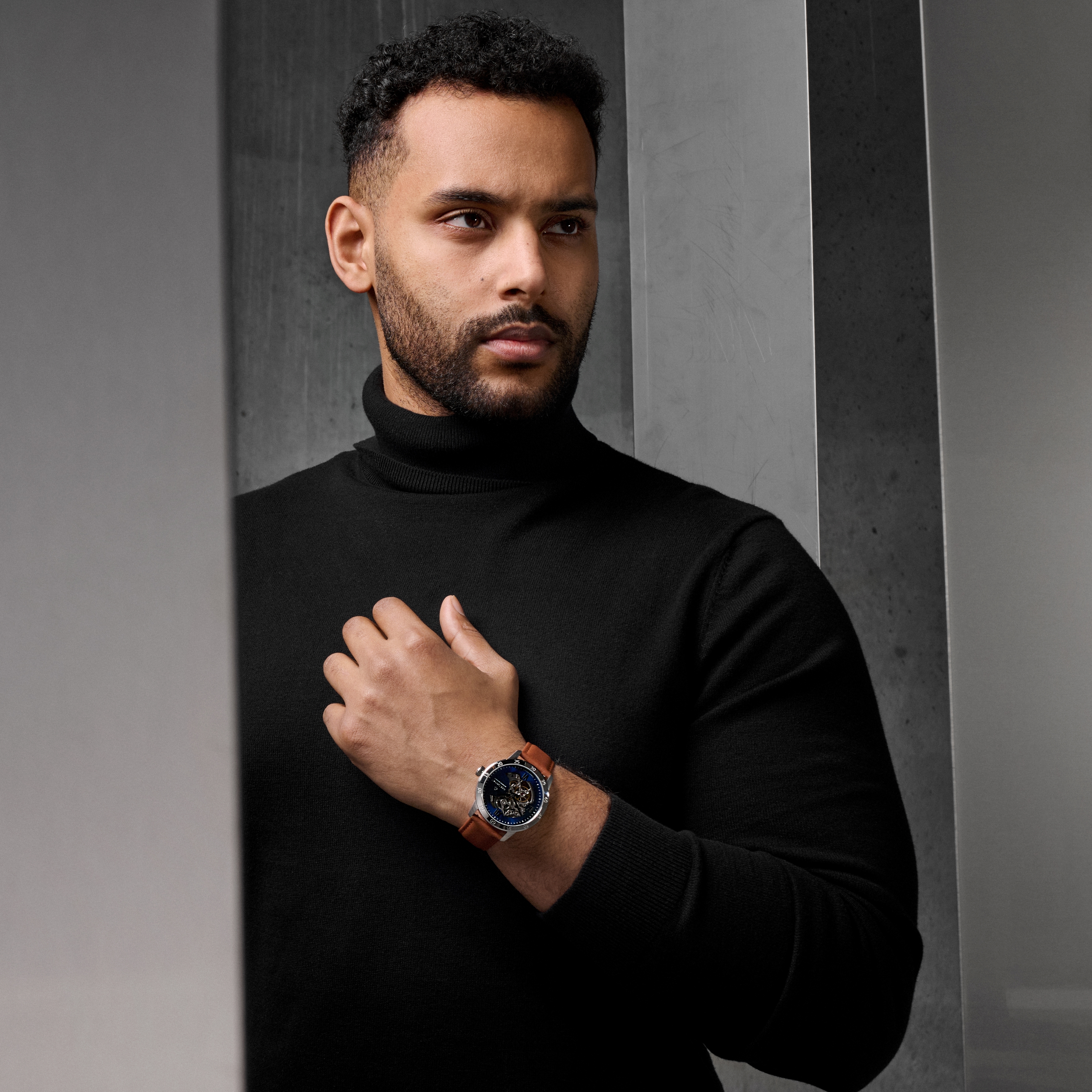 Dante II | Silverfärgad och Blå Skelettklocka i Rostfritt Stål med Klockrem i Läder - 4