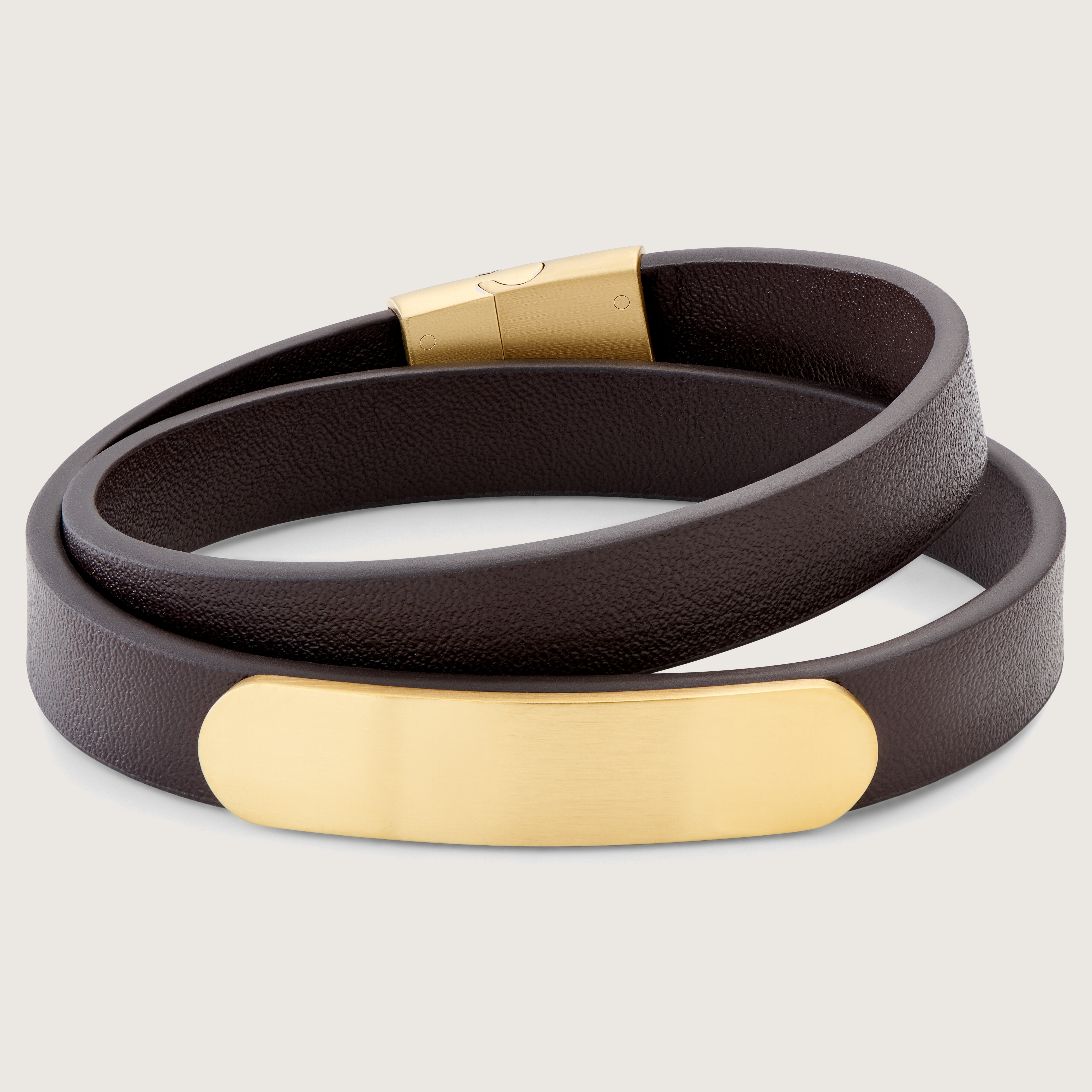Nomen | Gold-tone and Brown Leather Wrap-around ID Bracelet 