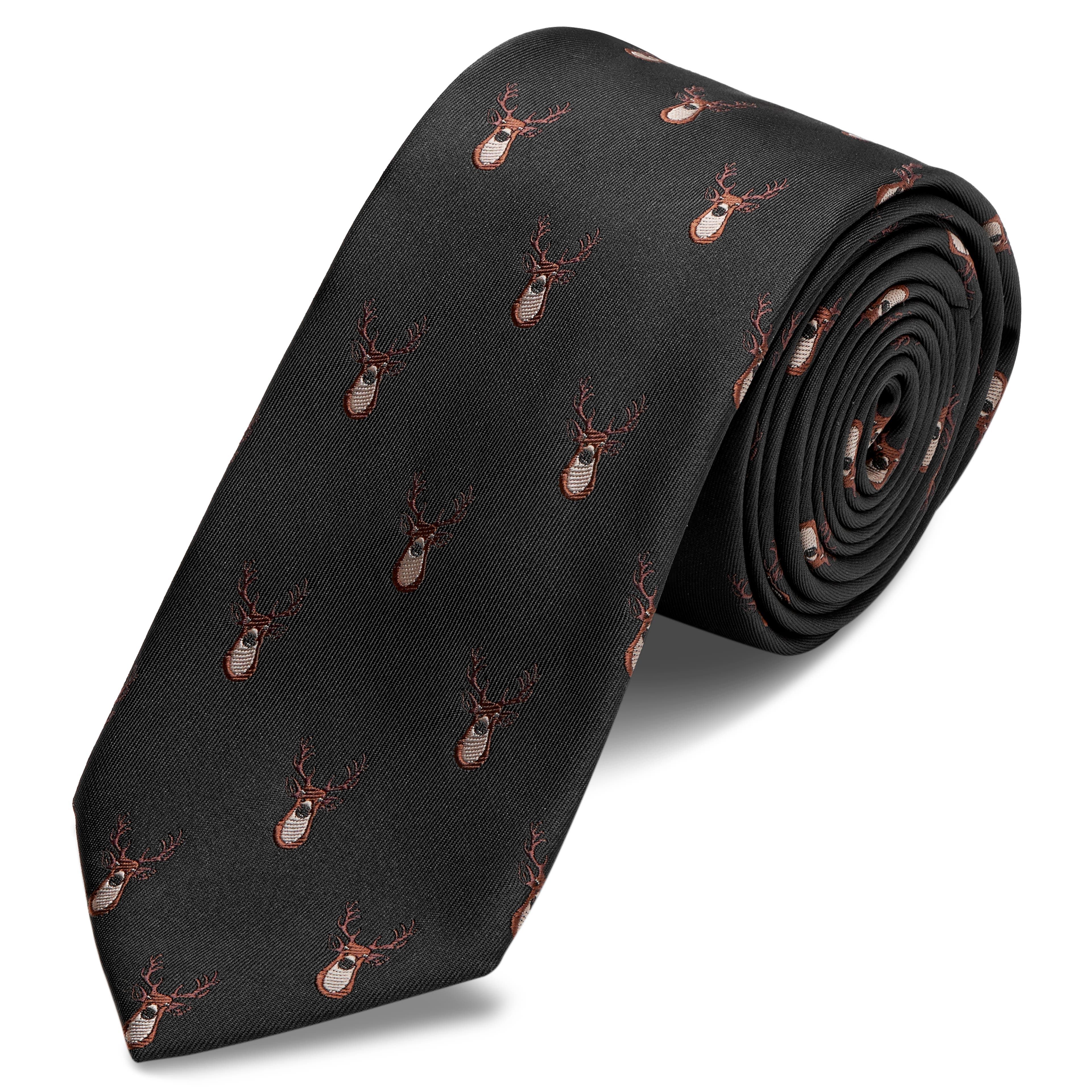 Czarny bożonarodzeniowy krawat w renifery