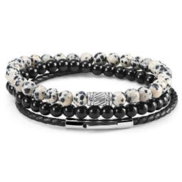 Black & White Natural Stone & Leather Bracelet Set
