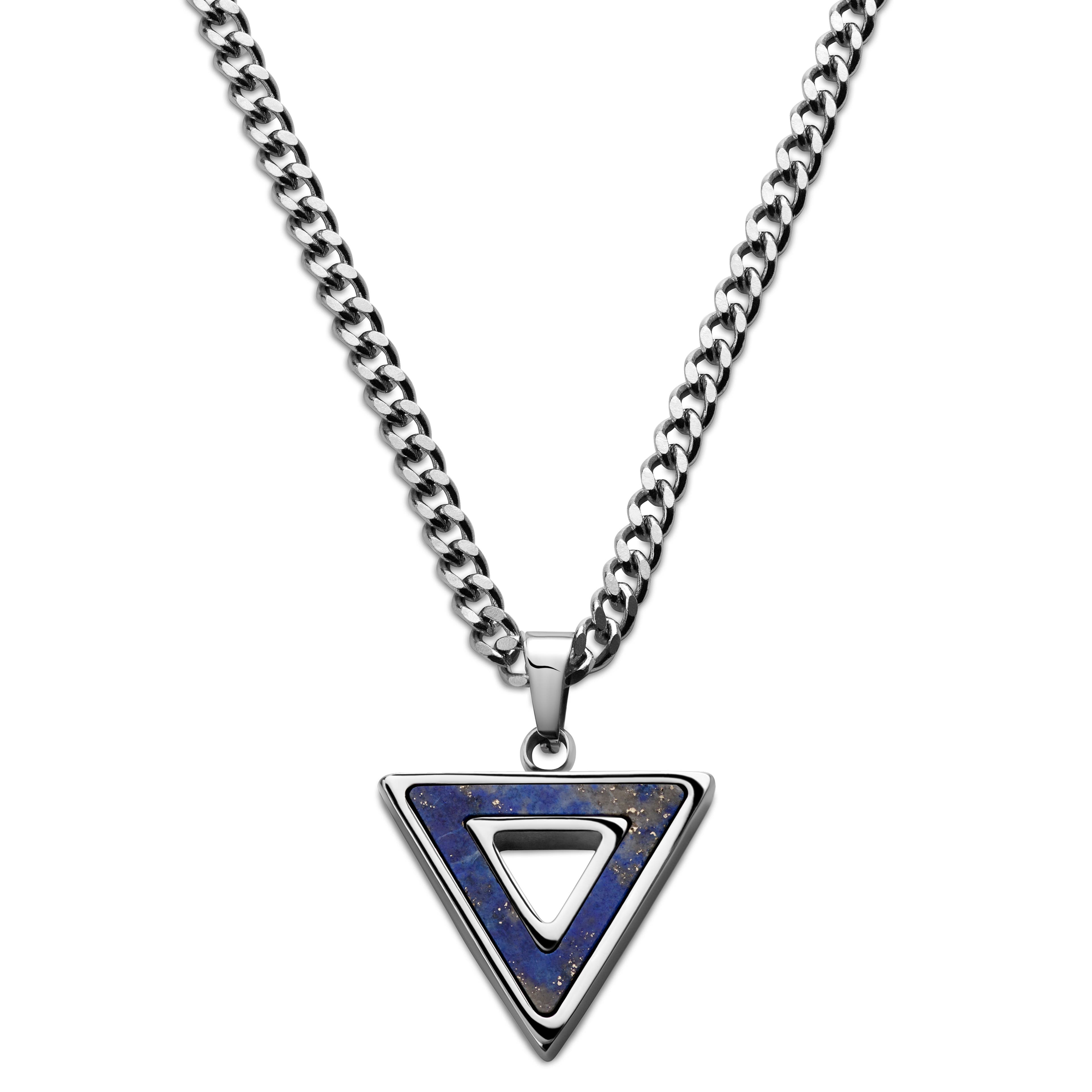 Cruz | Silver-Tone Stainless Steel & Lapis Lazuli Triangle Necklace