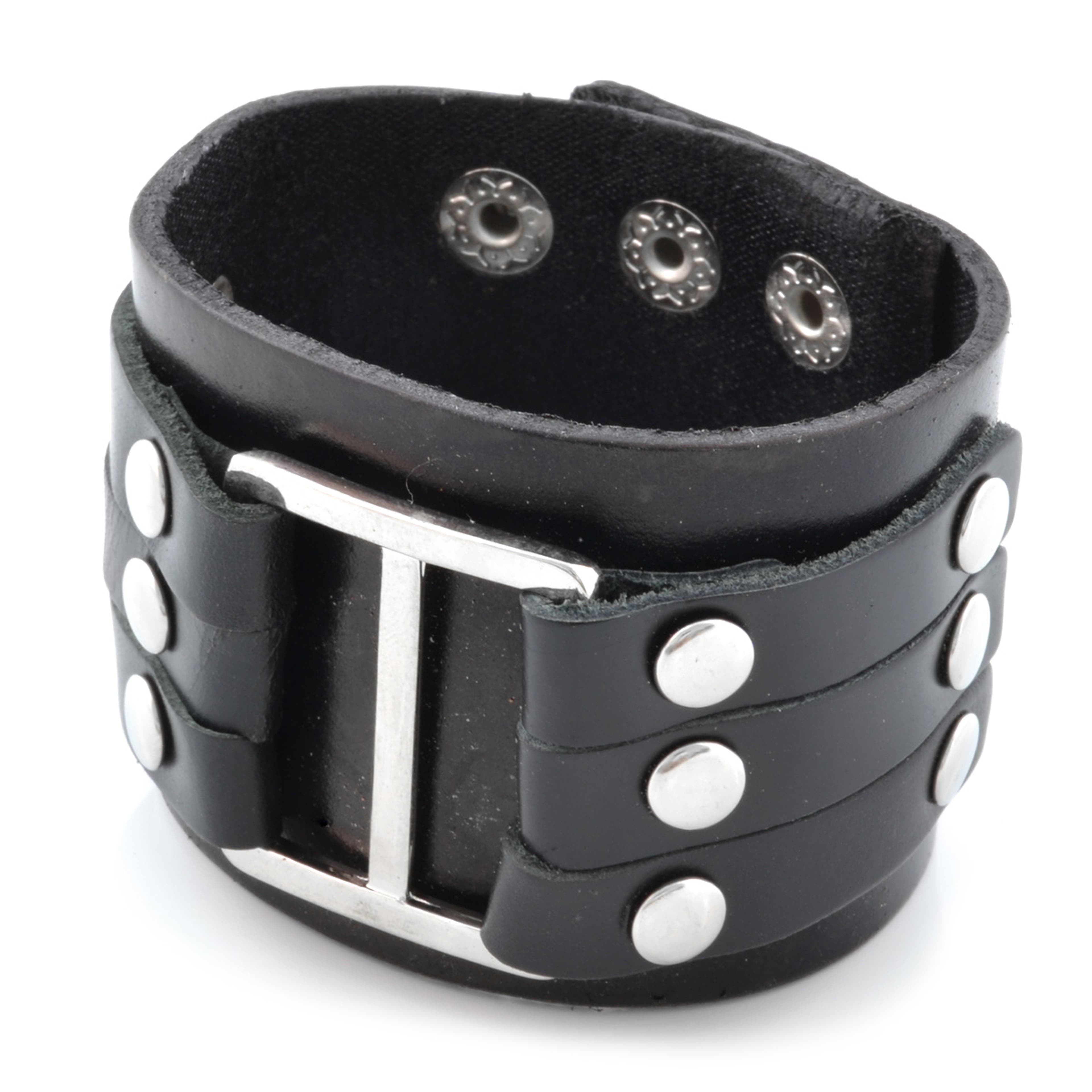 Adjustable Black Leather Cuff Bracelet