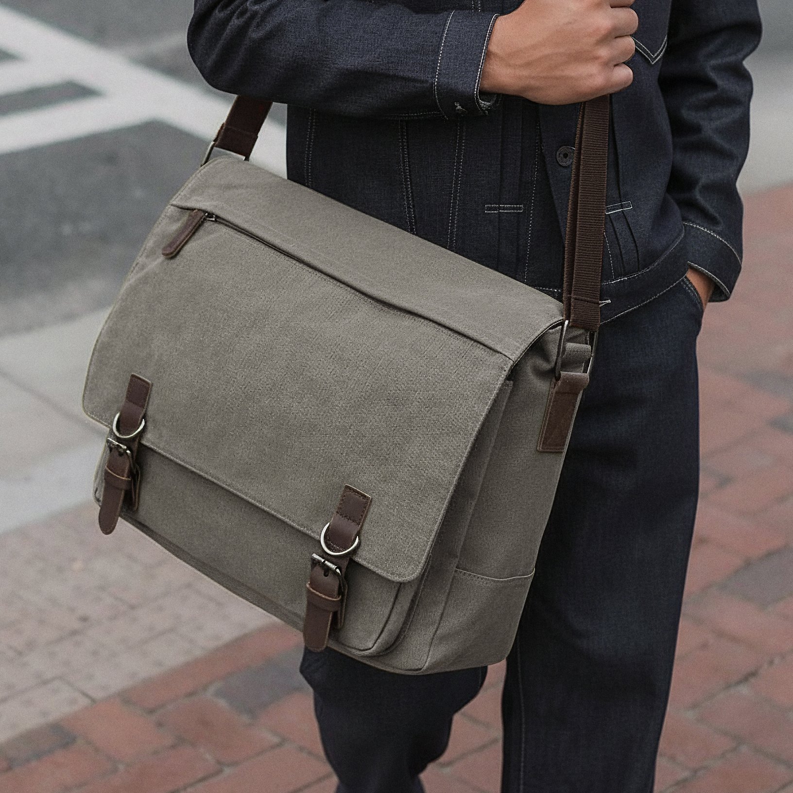 Metallic Gray Canvas Messenger Bag - 3