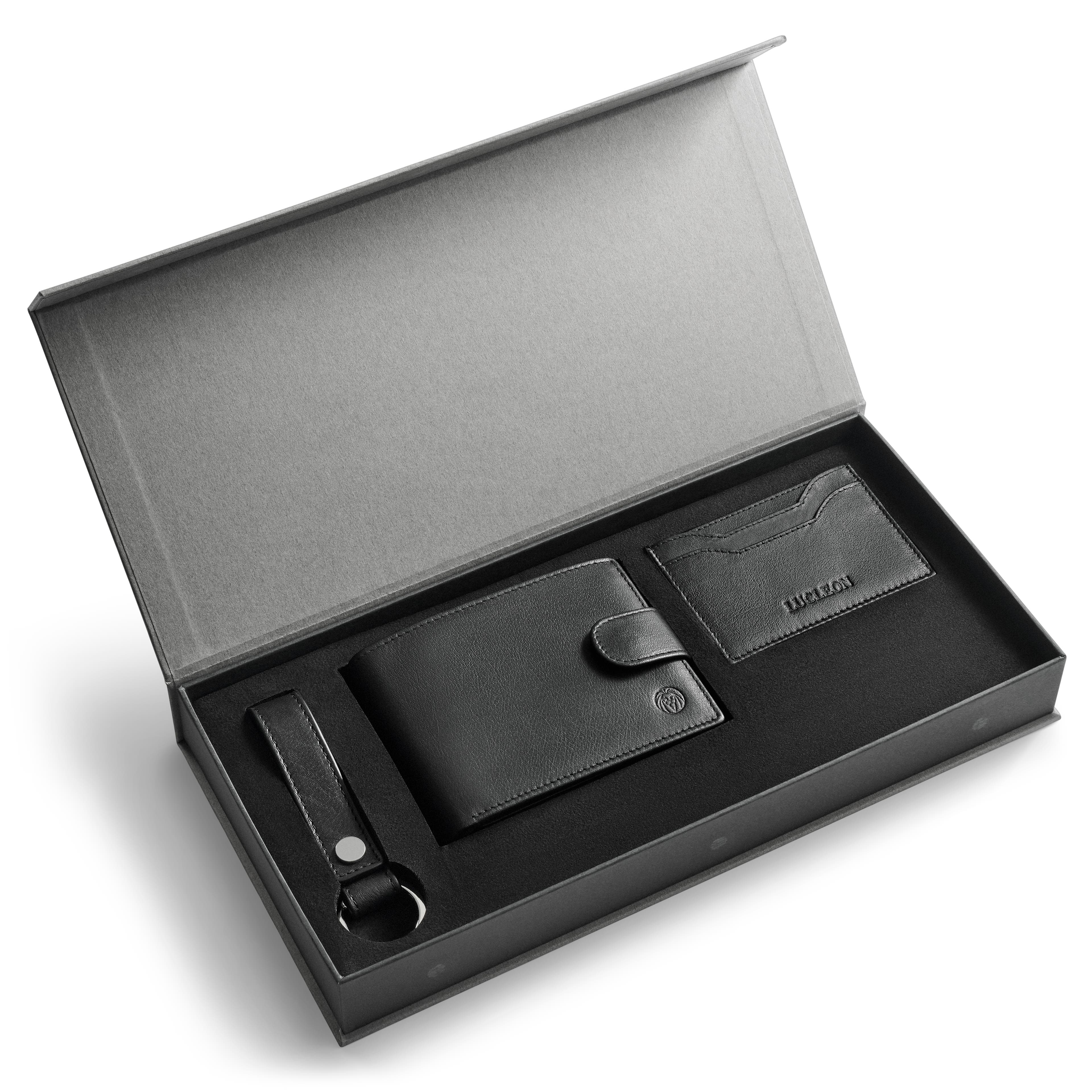 Подаръчна кутия с аксесоари от черна биволска кожа с RFID защита