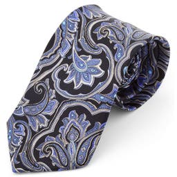 Cravatta larga in seta blu con motivo barocco