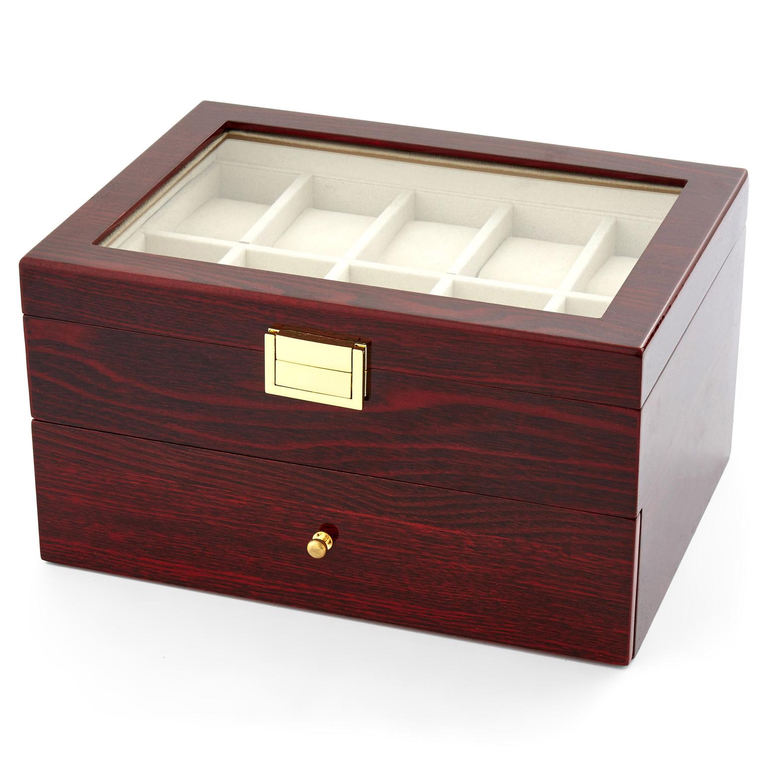 Caja de madera roja con dos niveles para 20 relojes Caja de madera roja con dos niveles para 20 relojes