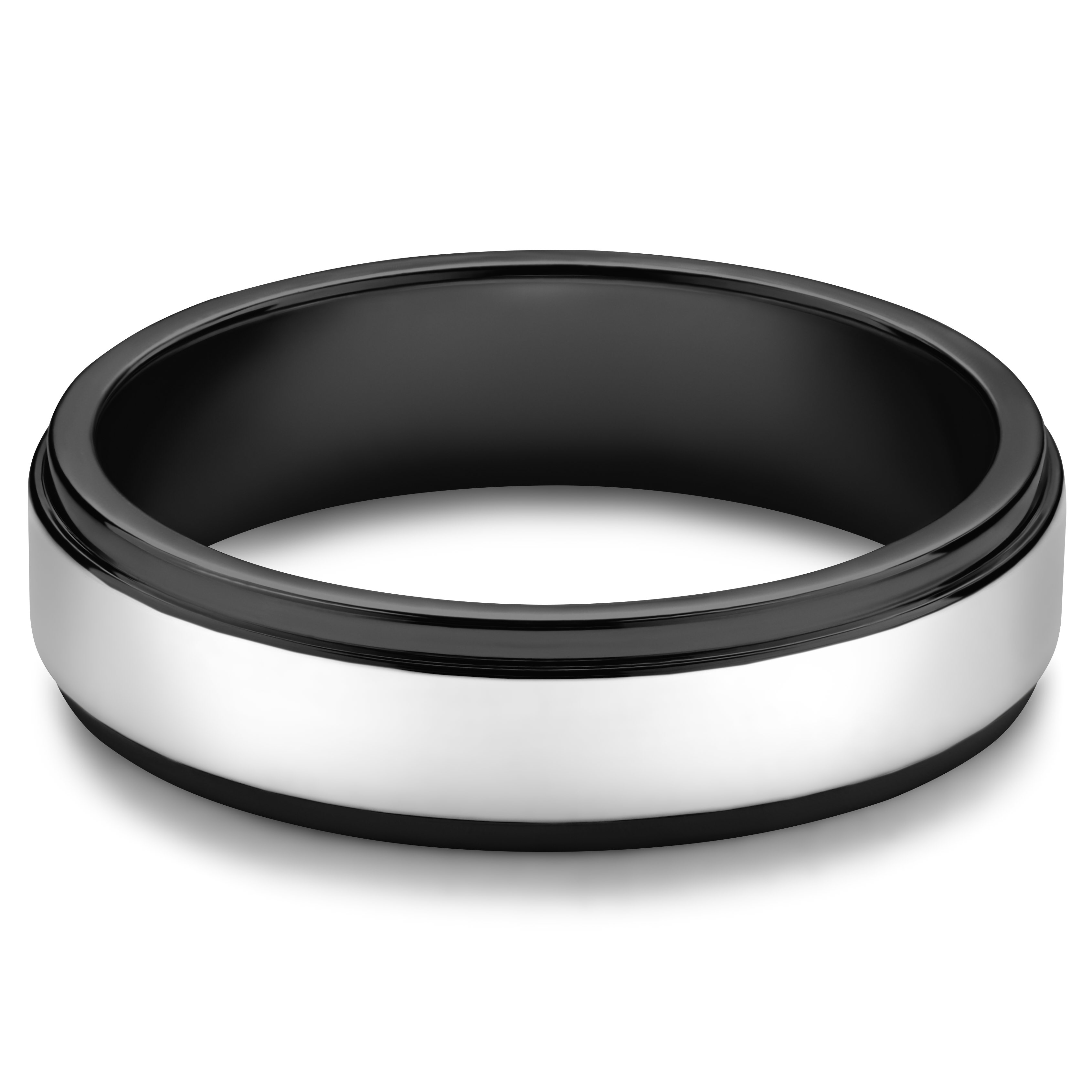 Ferrum | Anneau de couleur noire à bande centrale argentée en métal poli - 6 mm - 6