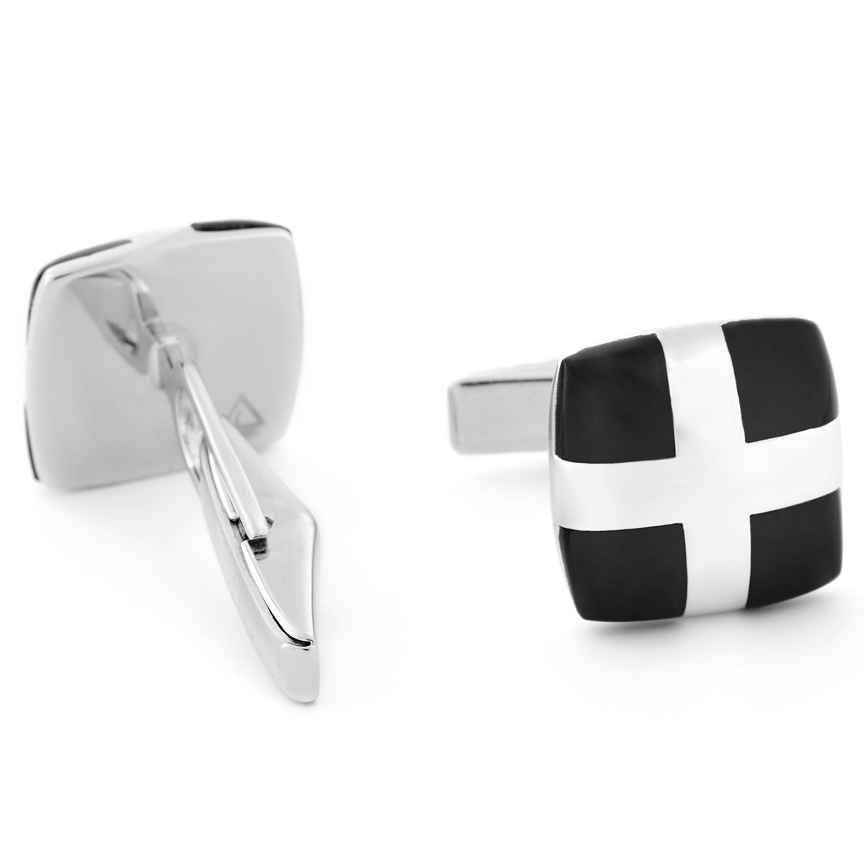 925er Silber Manschettenknöpfe Mit Schwarzem Karo Muster - 3