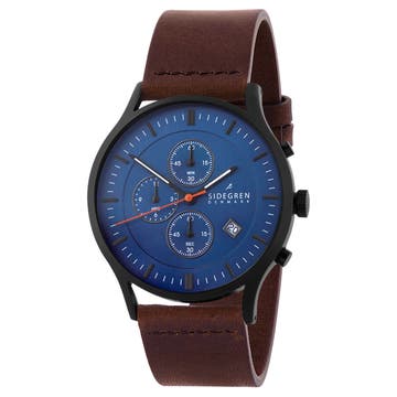 Revil | Black Chronograph Watch With Blue Dial & Rust Leather Strap