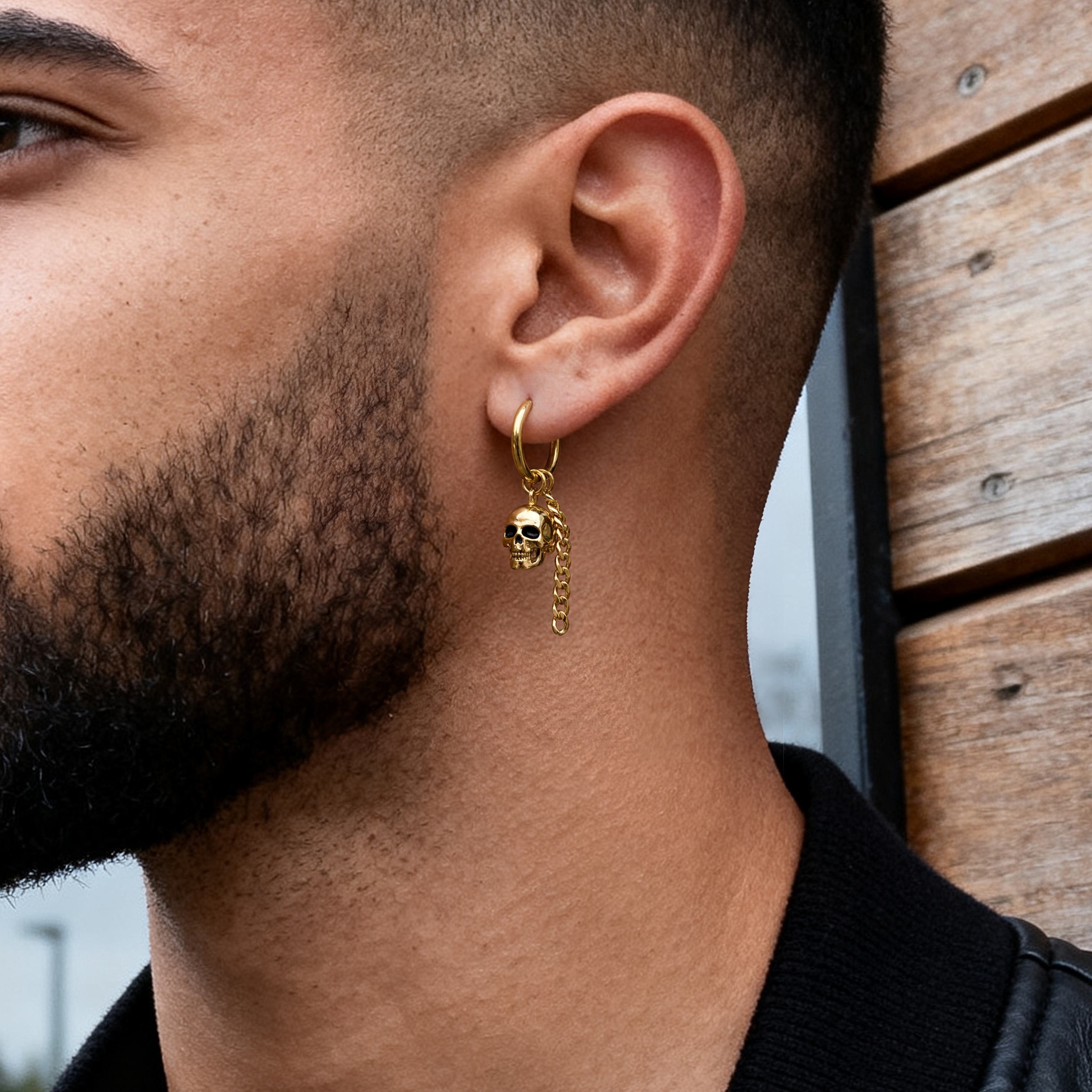 Χρυσαφί Ατσάλινο Σκουλαρίκι Κρίκος Drop Hoop Skull & Chain Charms - 2