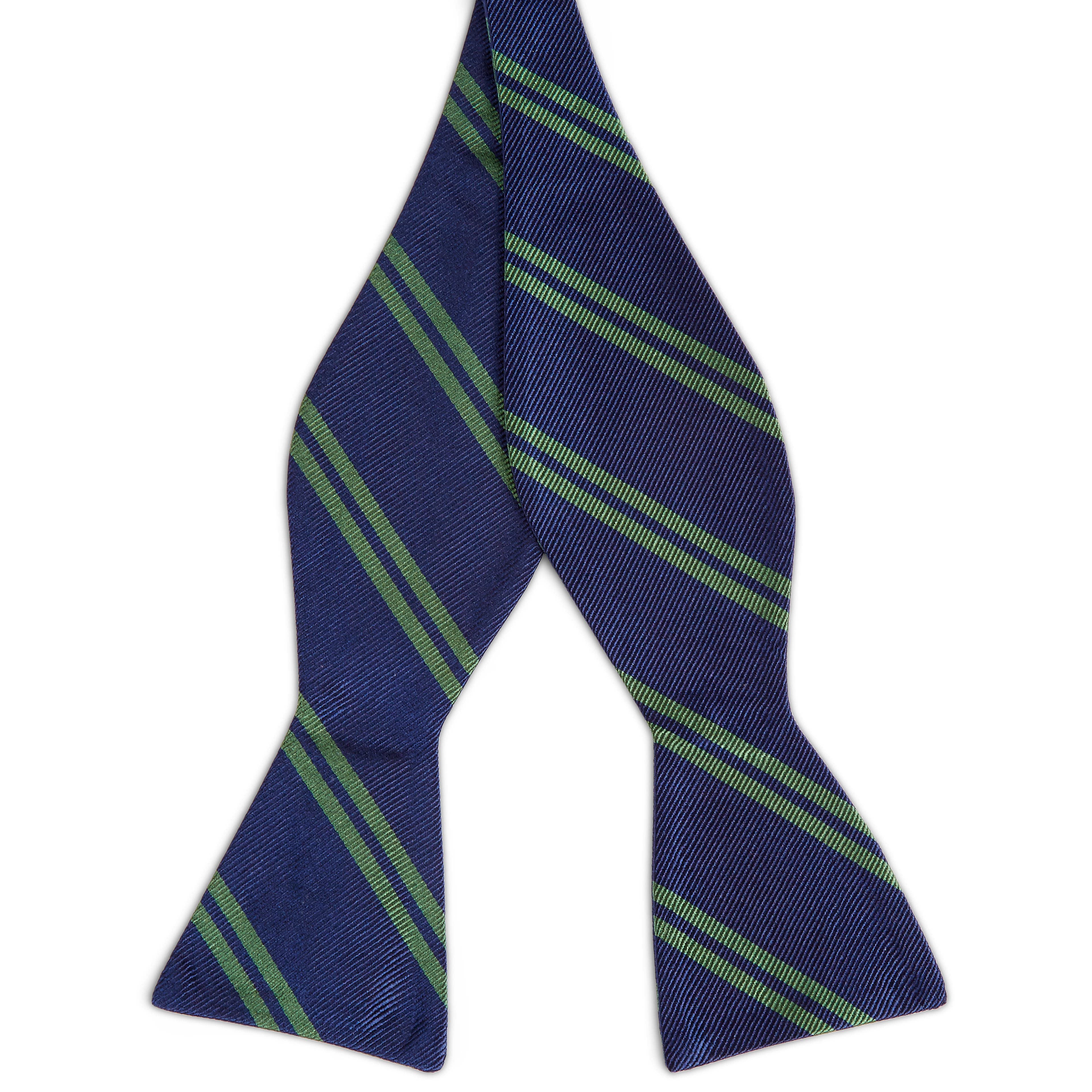 Papion self-tie din mătase bleumarin cu dungi duble verzi