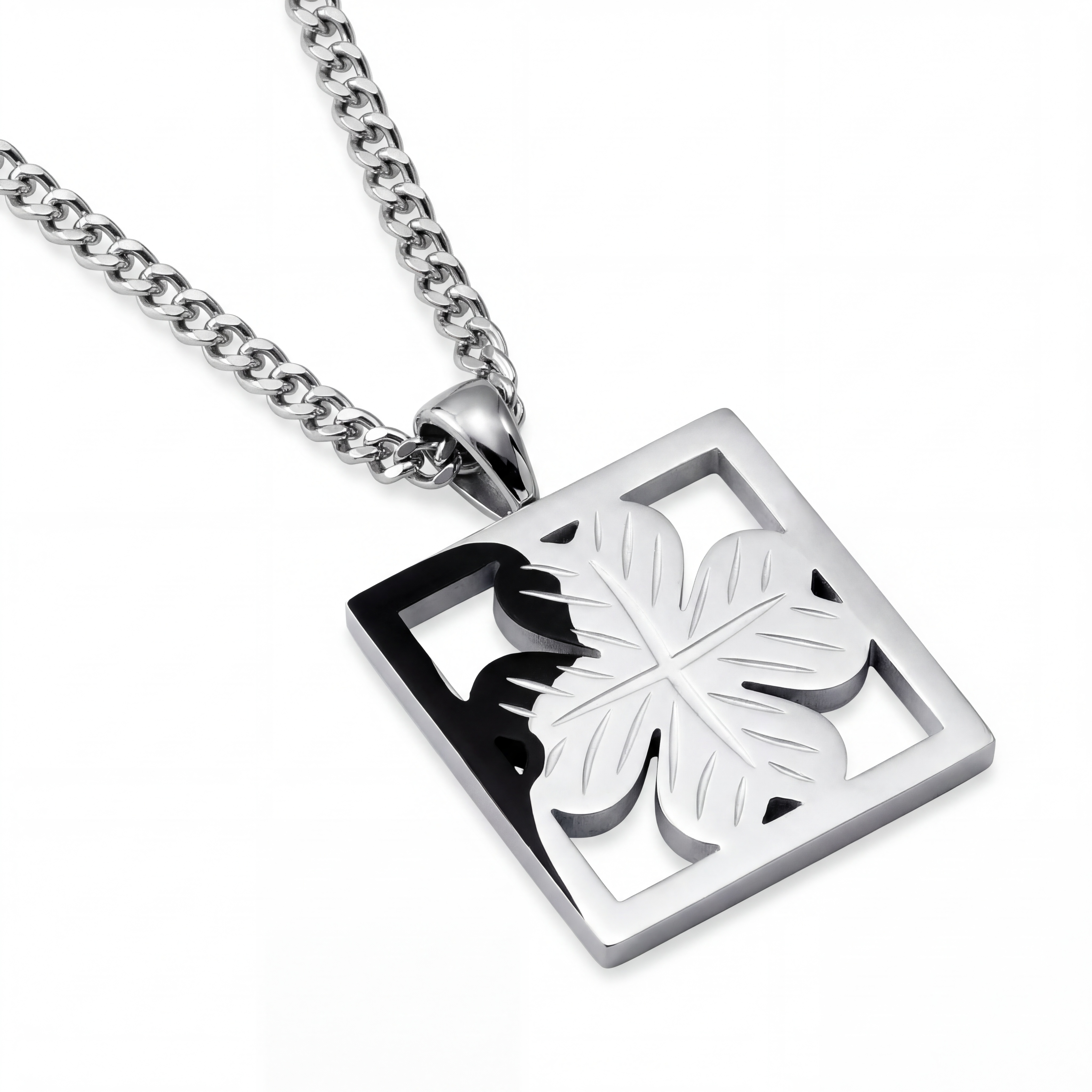 Clover | Ezüst tónusú rozsdamentes acél nagy lóhere medál nyaklánc - 6