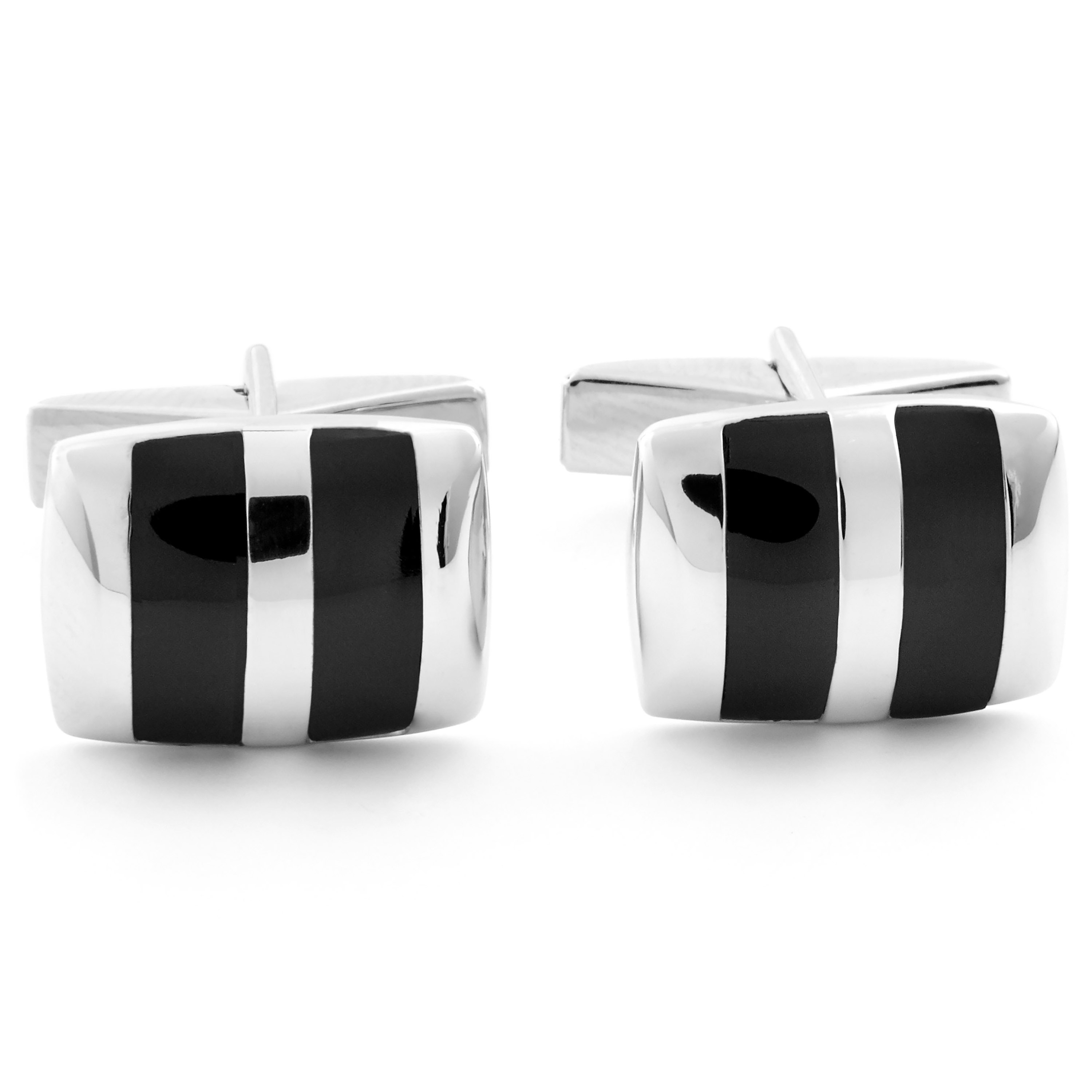 Svart Rektangel 925s Silver Manschettknappar - 4