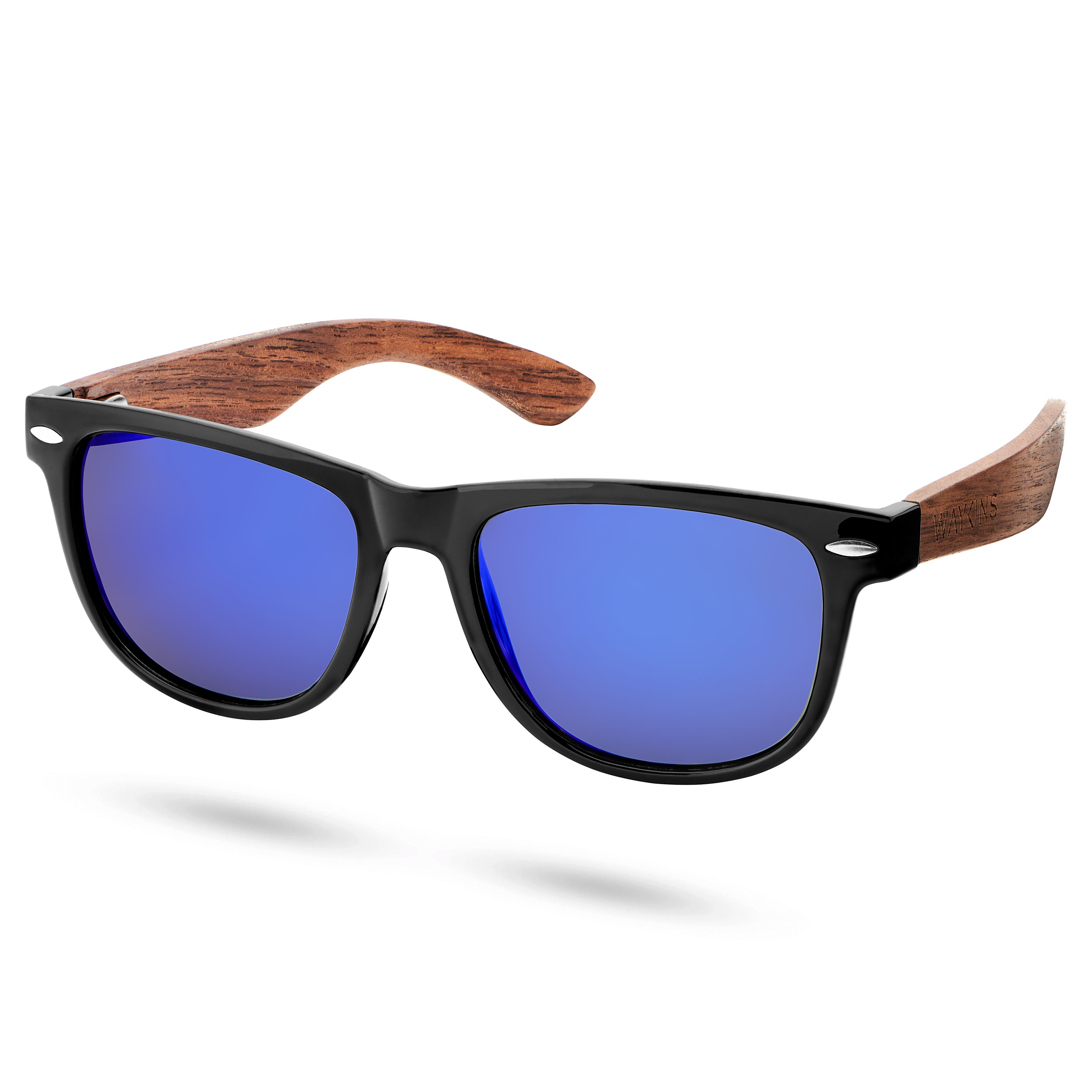 Svarta och Blå Retrosolglasögon med Träskalmar och Polariserade Glas