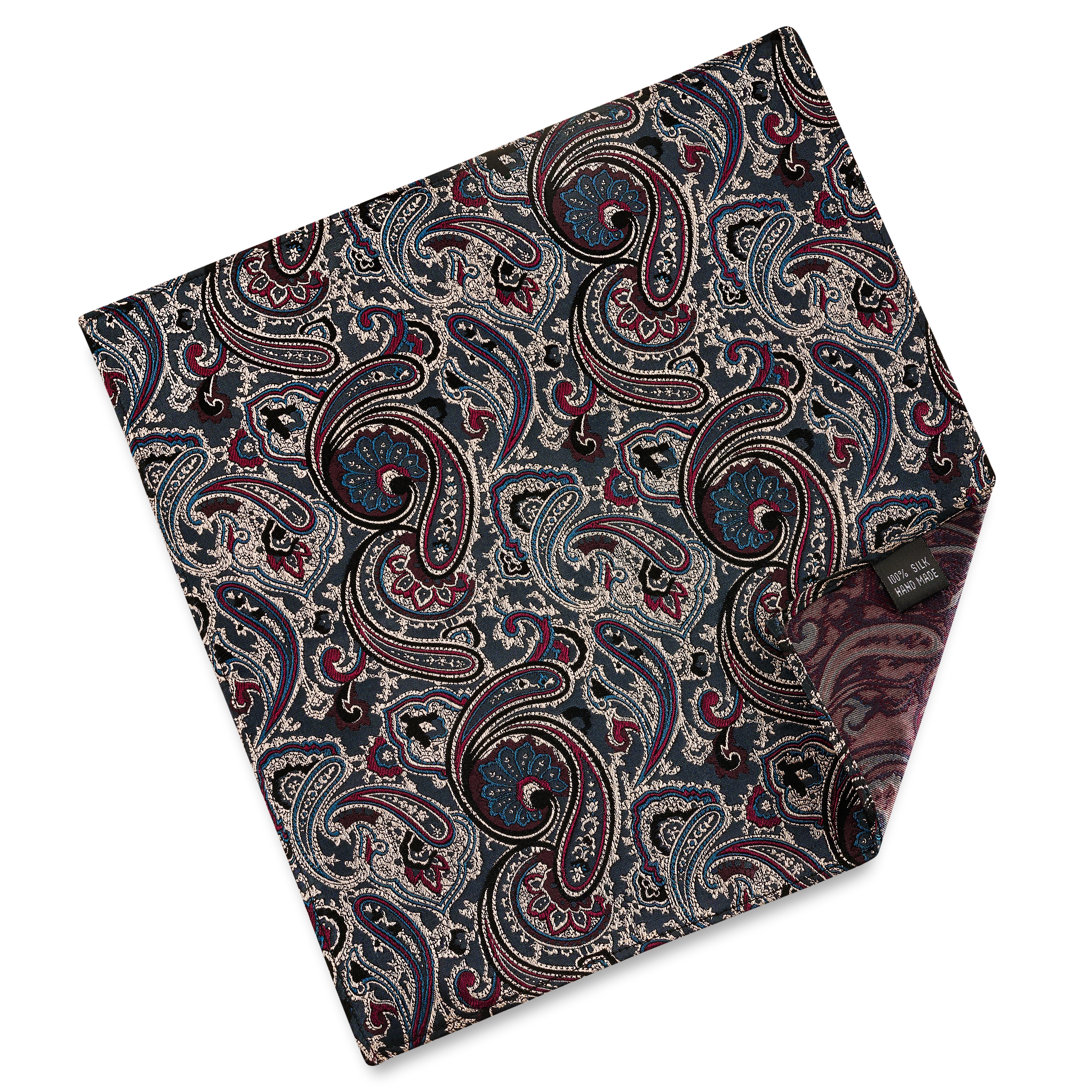 Копринена джобна кърпичка с тъмносини и тъмнозелени пейсли мотиви - 2