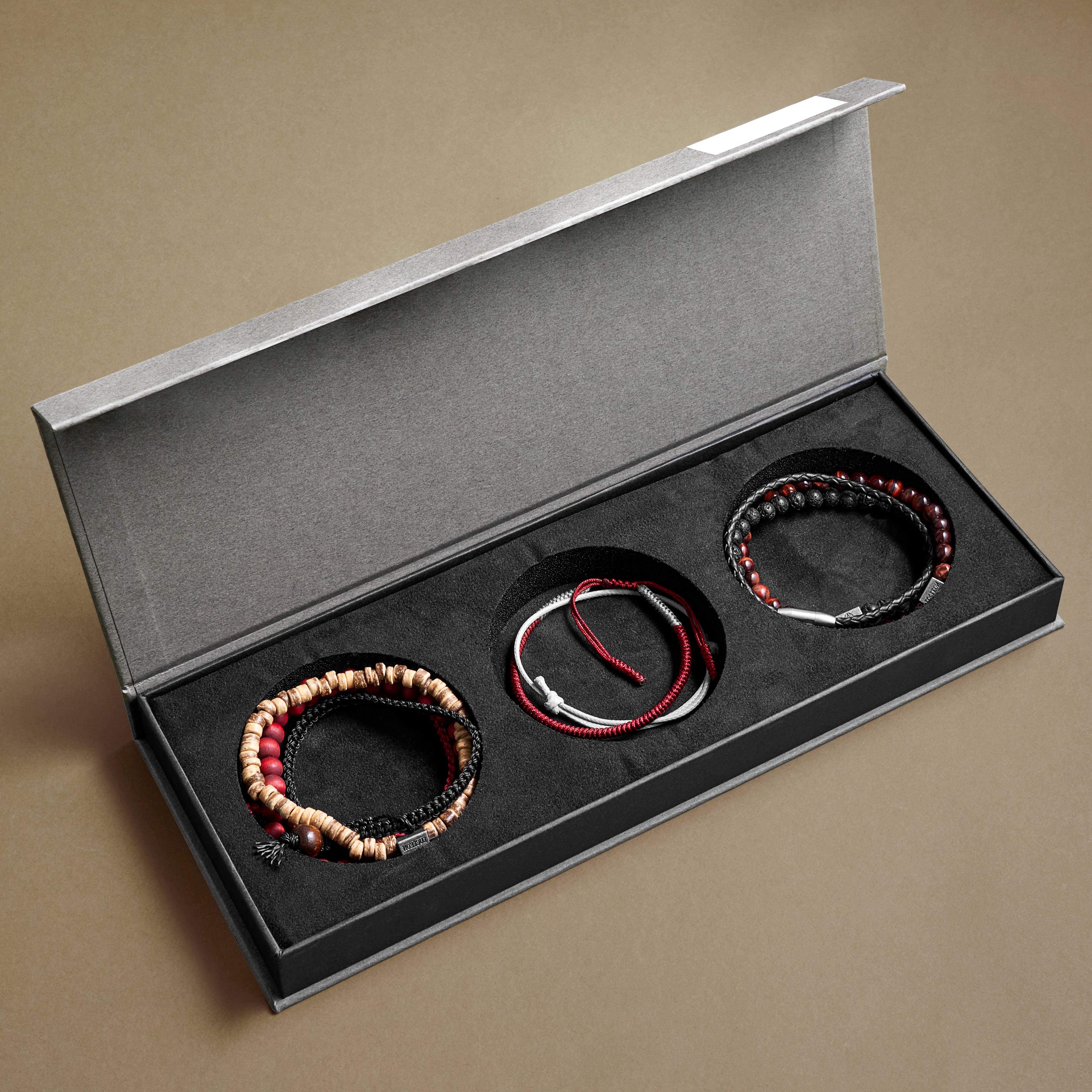 Exklusive Herrenarmband-Geschenkbox | Rotes Tigerauge, Lavagestein, Leder und Holz - 3