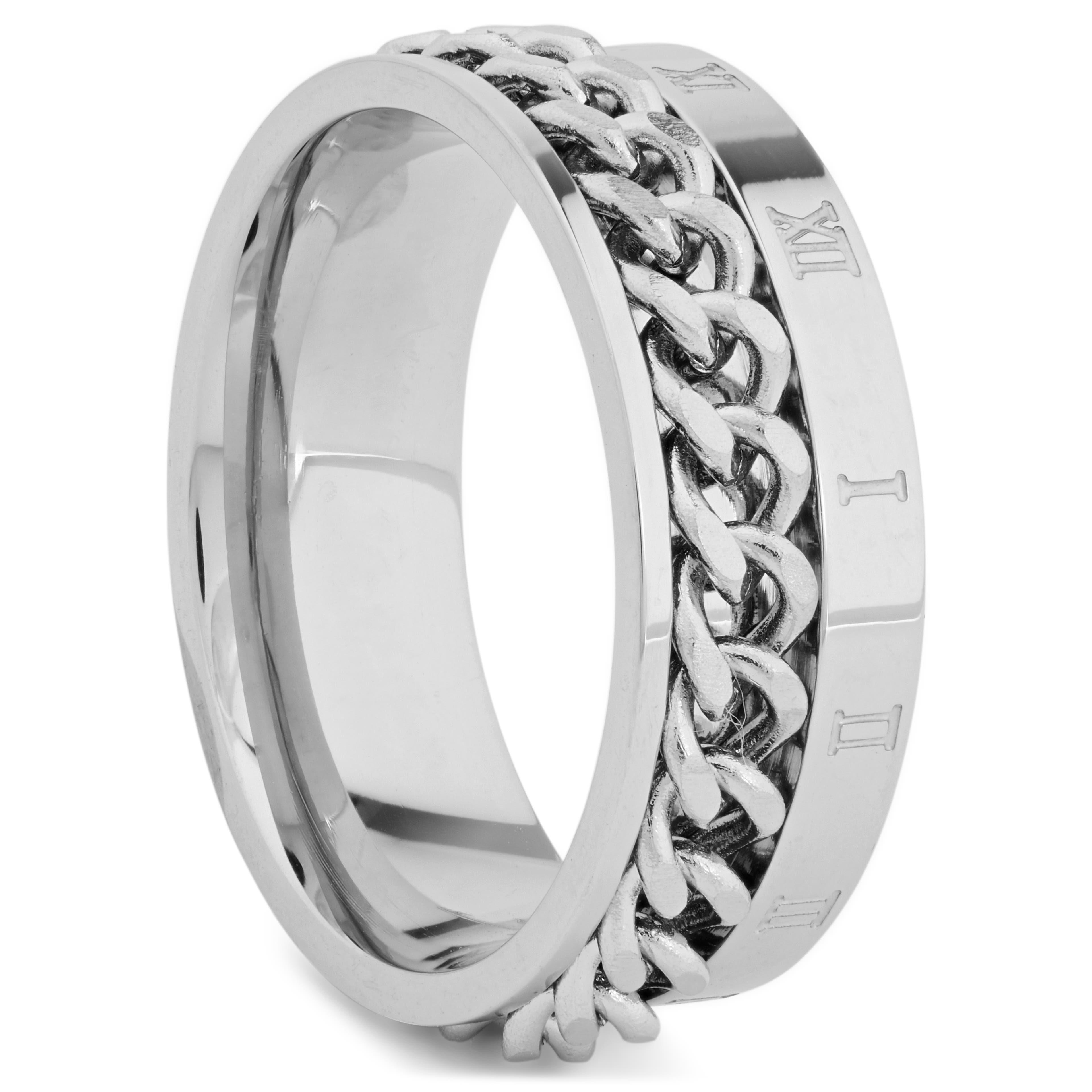 8 mm Silver-Tone Stainless Steel With Chunky Chain & Roman Numerals Ring, In stock!