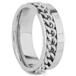 8 mm Silver-Tone Stainless Steel With Chunky Chain & Roman Numerals Ring