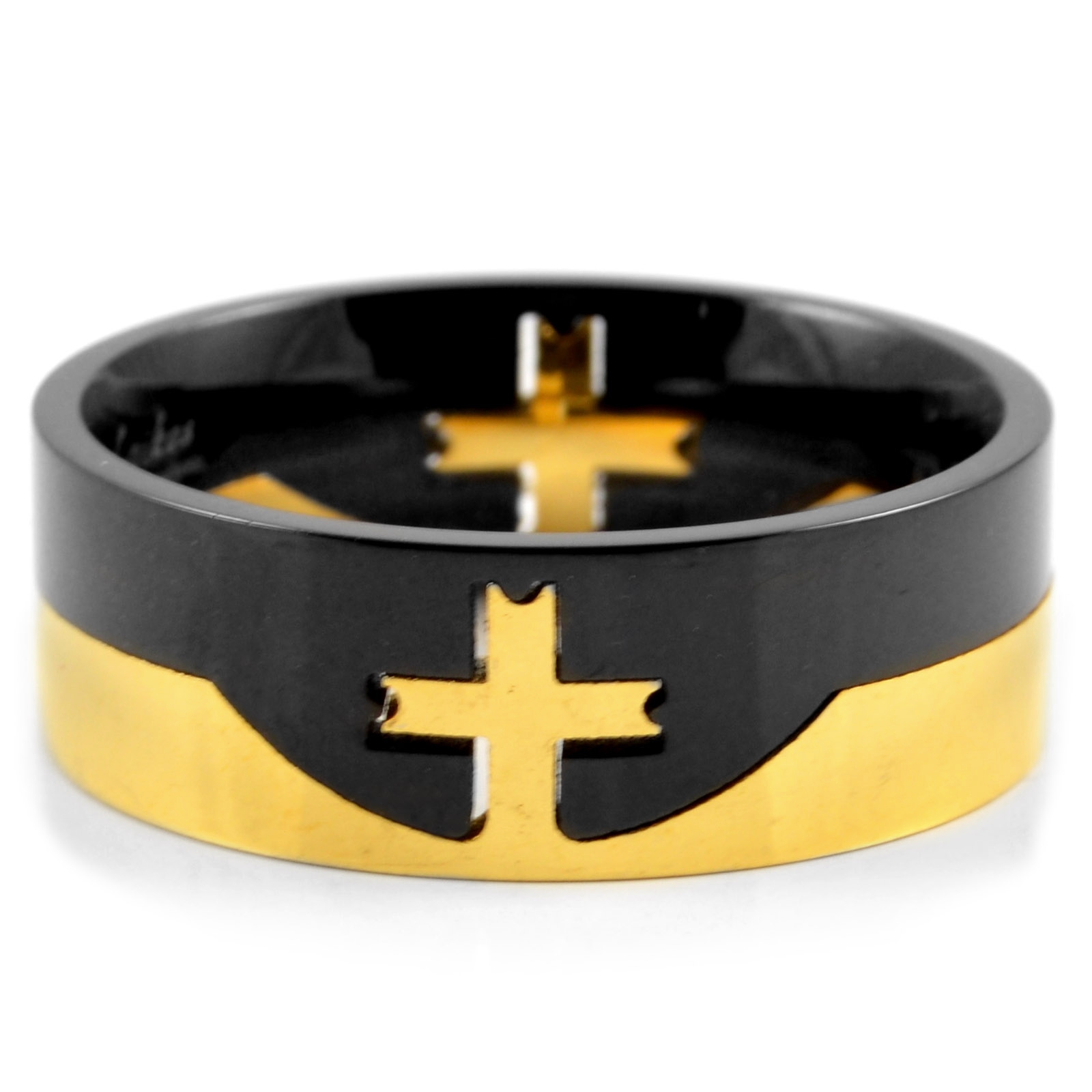 8 mm Black & Gold-Tone Cross Pattern Ring - 2